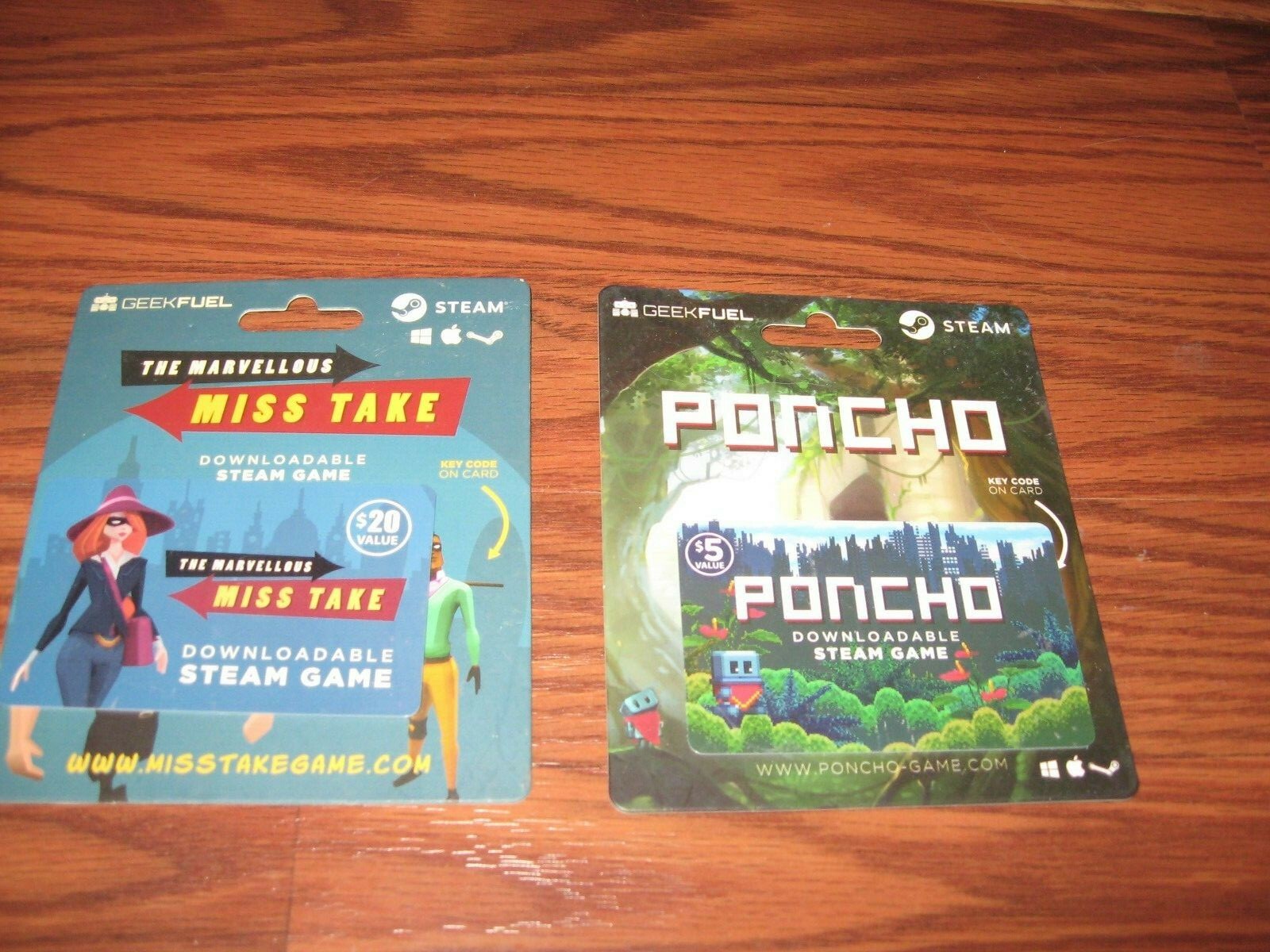 2 Steam Downloadable cards: Miss Take $20 value & Poncho $5 Value