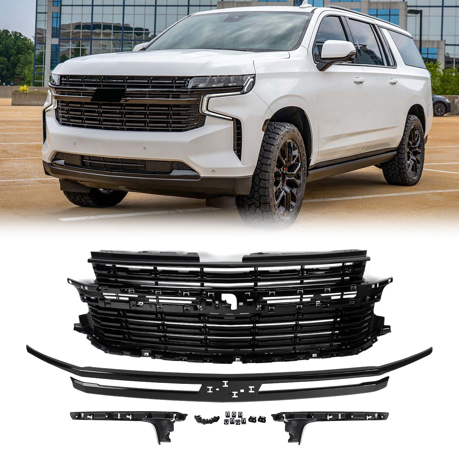 For 2021-2024 Chevrolet Tahoe Suburban Front Upper Grille Grill Trim Gloss Black
