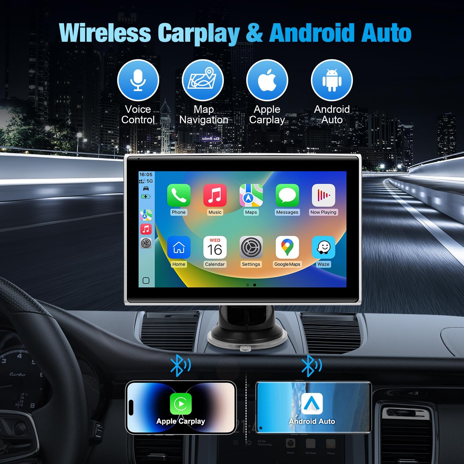 Carplay Screen for Car，7" Portable Wireless Carplay & Android Auto HD