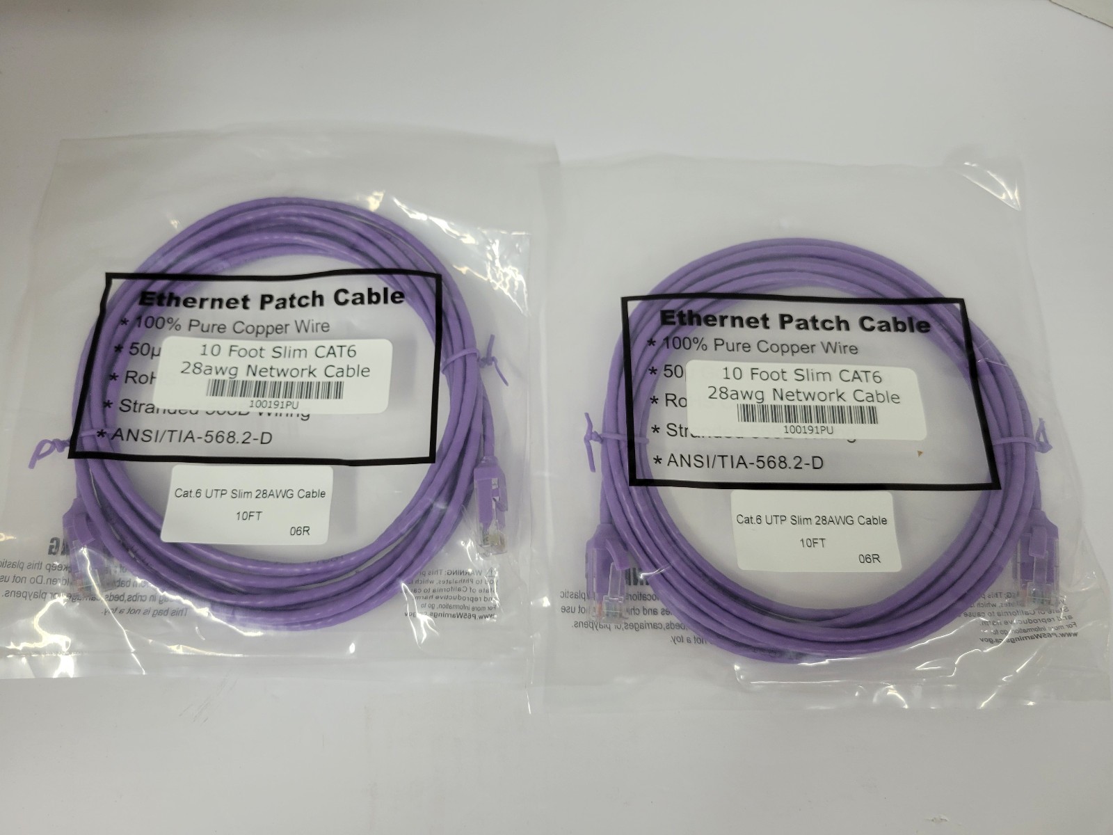 (2) 10 Ft CAT6 UTP Slim RJ45 Network LAN Ethernet Copper Wire Patch Cable-Purple
