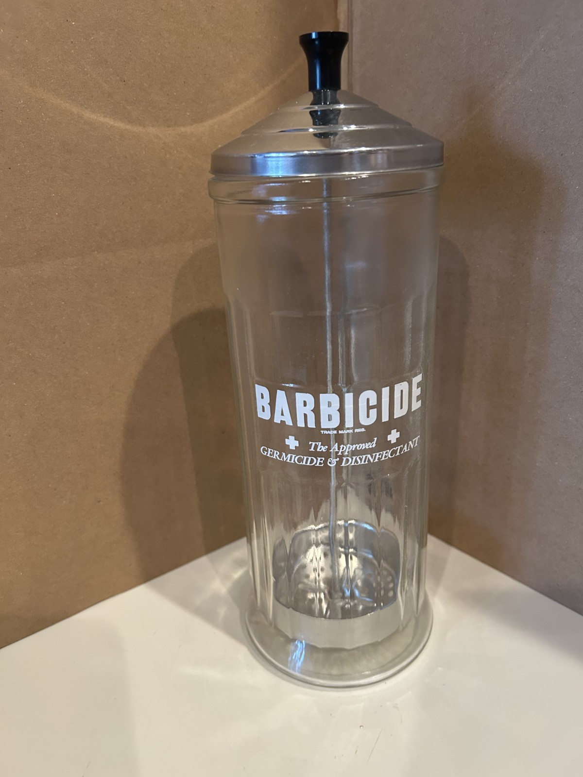 Vintage  Barbicide Barbers Disinfectant Glass Jar w/ Metal Lid and Insert Salon
