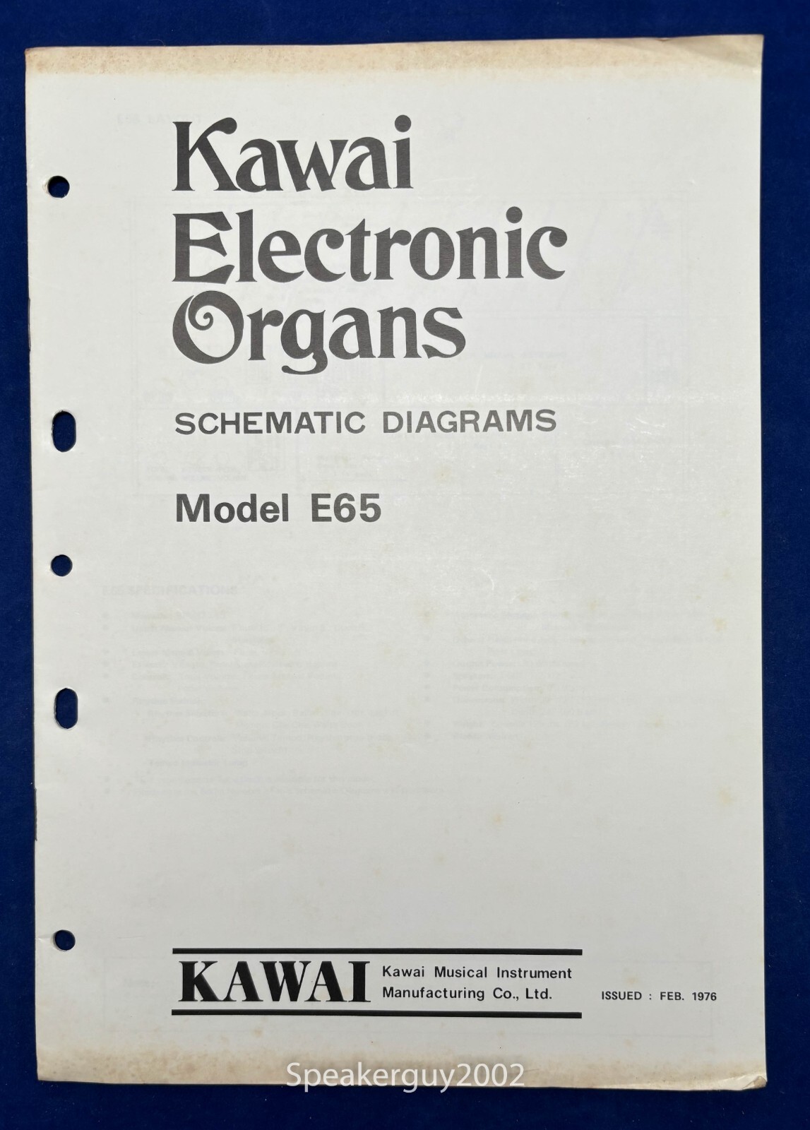 Original Kawai Electronic Organ Schematic Diagrams Manual / E65