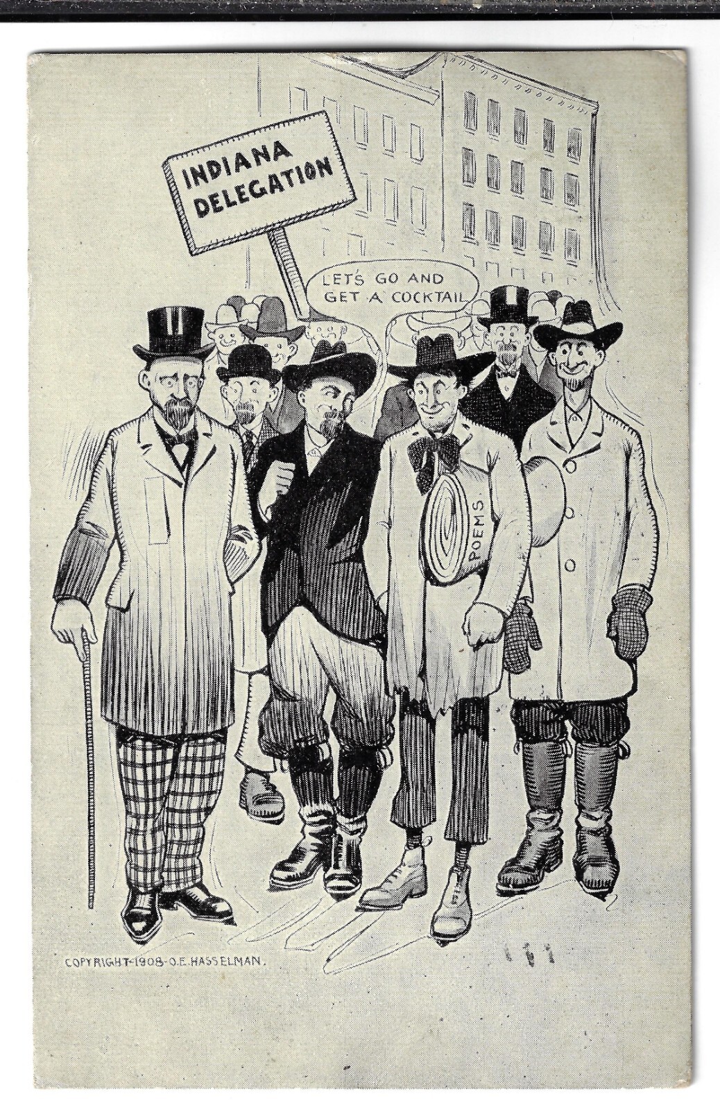 1908 'toon Postcard Part of Set State Delegates to GOP Natl Convention Indiana