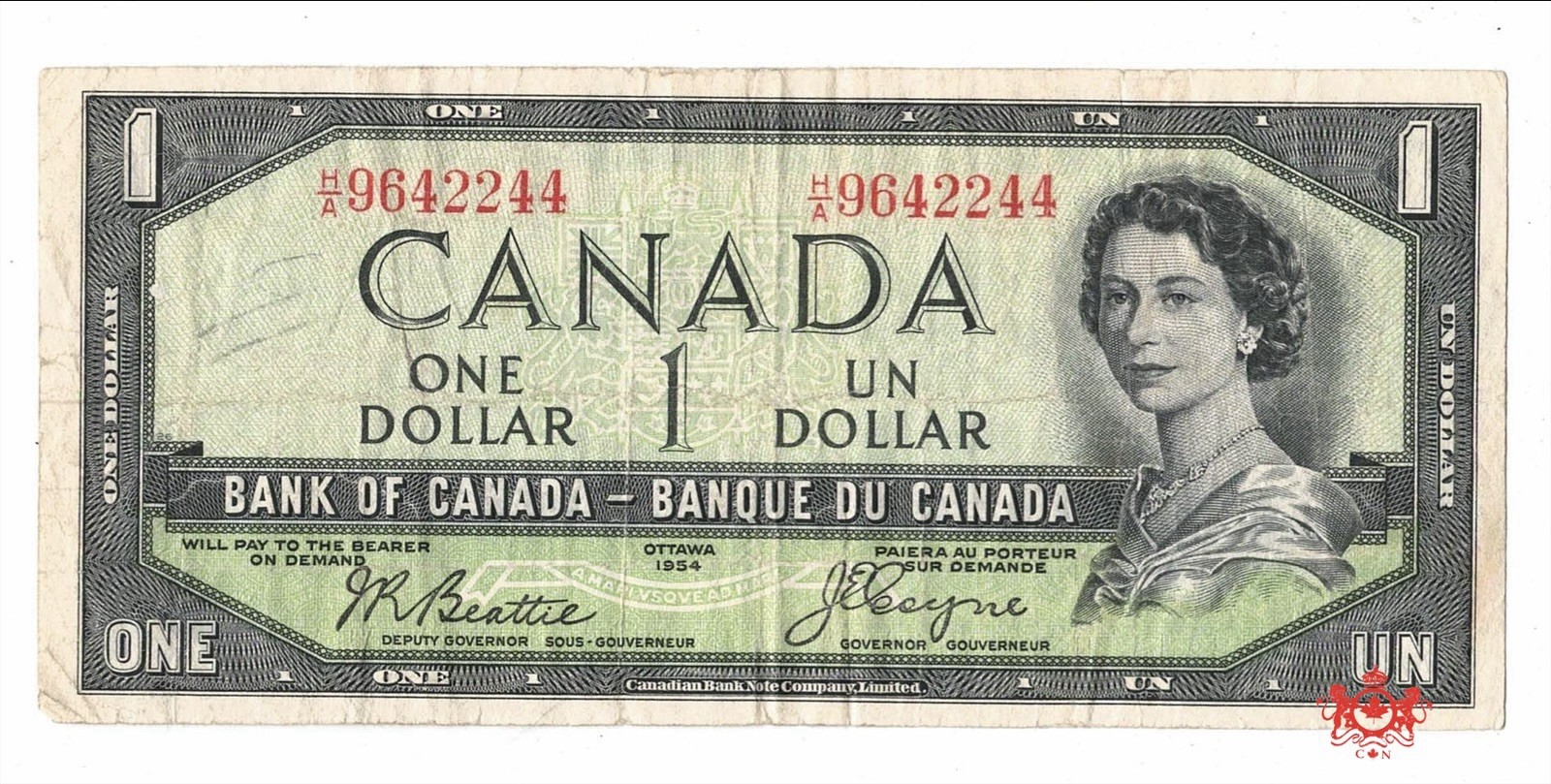 1954 Bank Of Canada 1$ Beattie/Coyne Devil Face H/A9642244 - Fine -Discoloration