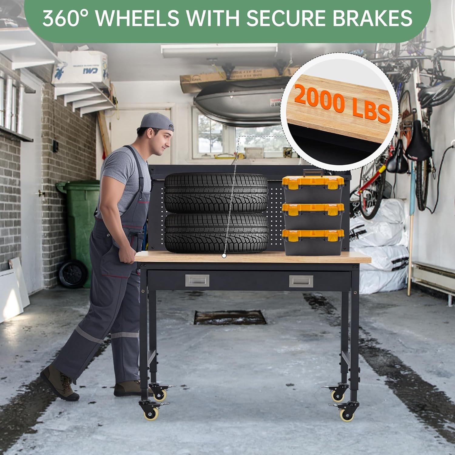 48"Garage Workbench|Pegboard,Drawers,Power Outlet|Tool Bench&Wheels for Workshop