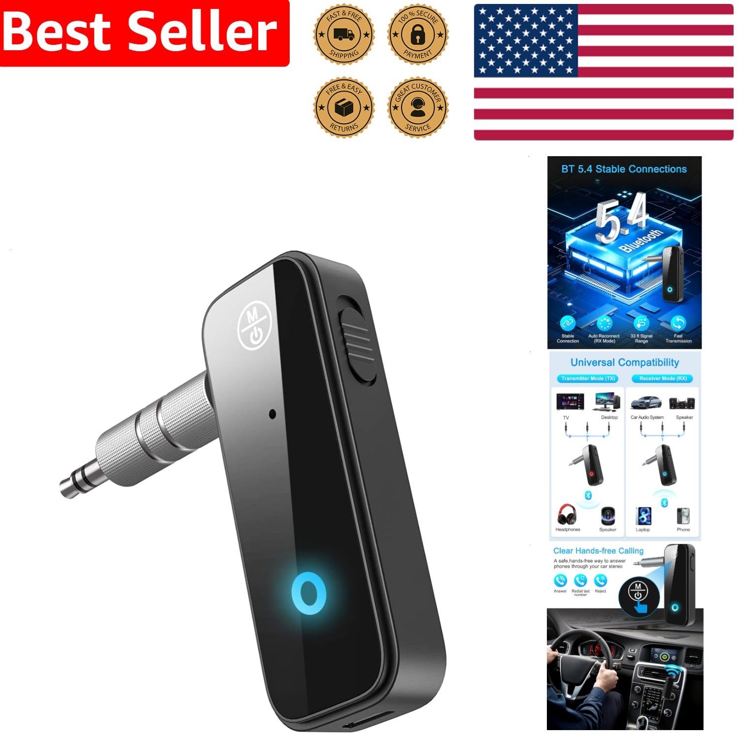 Portable Bluetooth 5.4 Audio Transmitter Receiver for Car TV Speakers, Aux Input