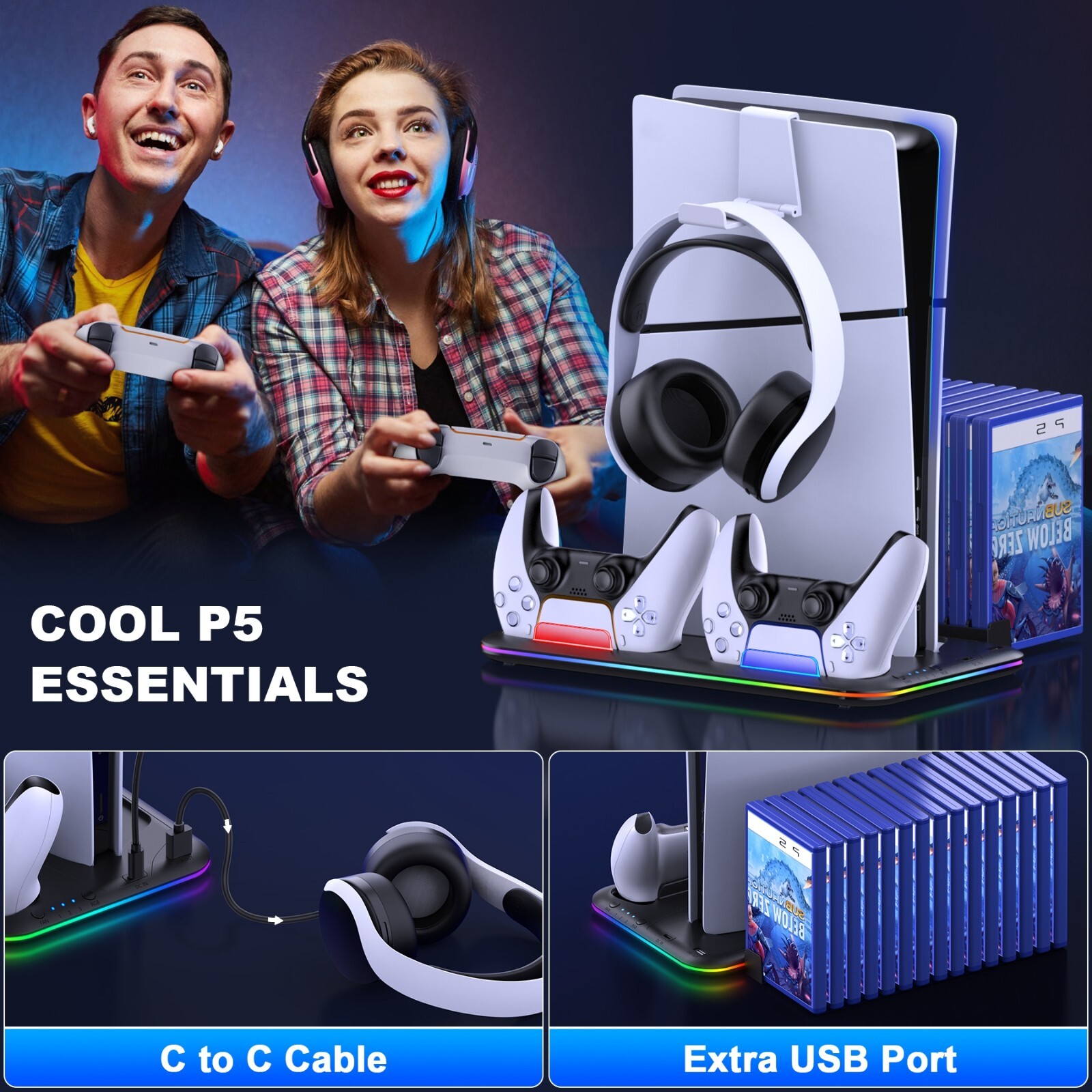 FOR PS5 Slim/Disc&Digital Editions PS5 Slim Controller Charger Stand+Cooling Fan