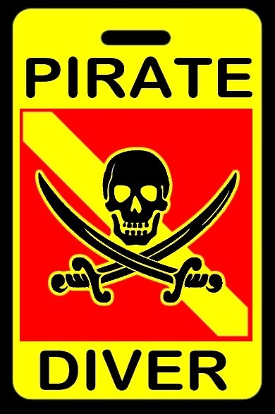Safety Yellow PIRATE DIVER w/ Skull/Crossed Swords SCUBA Diving Gear Bag Tag