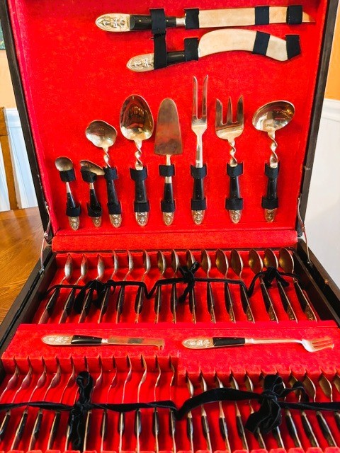 Vintage Thai Bronze & Rosewood Flatware Set – Service for 12