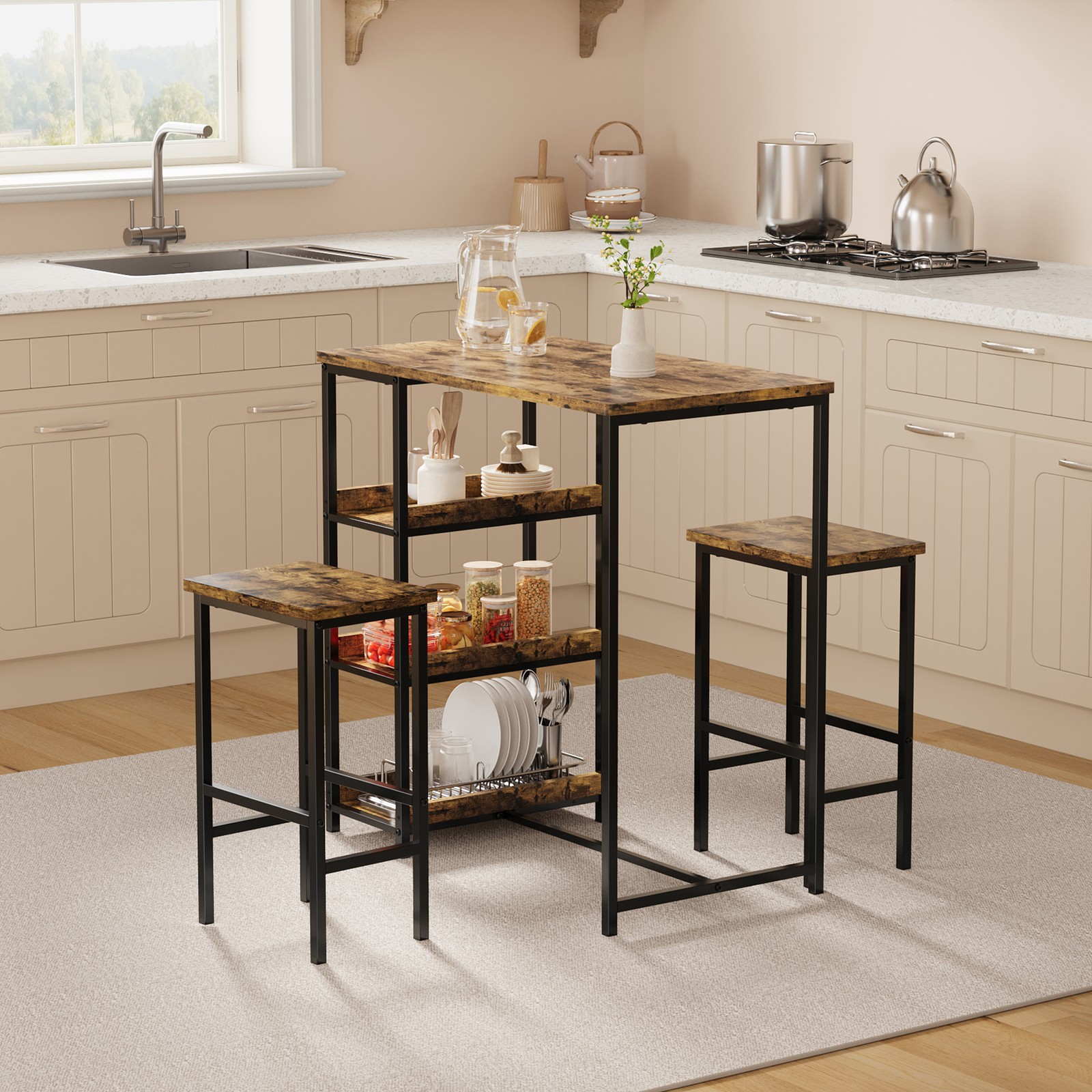 3-Piece Kitchen Table Set with Storage Shelves & 2 Bar Stools for Small Spaces