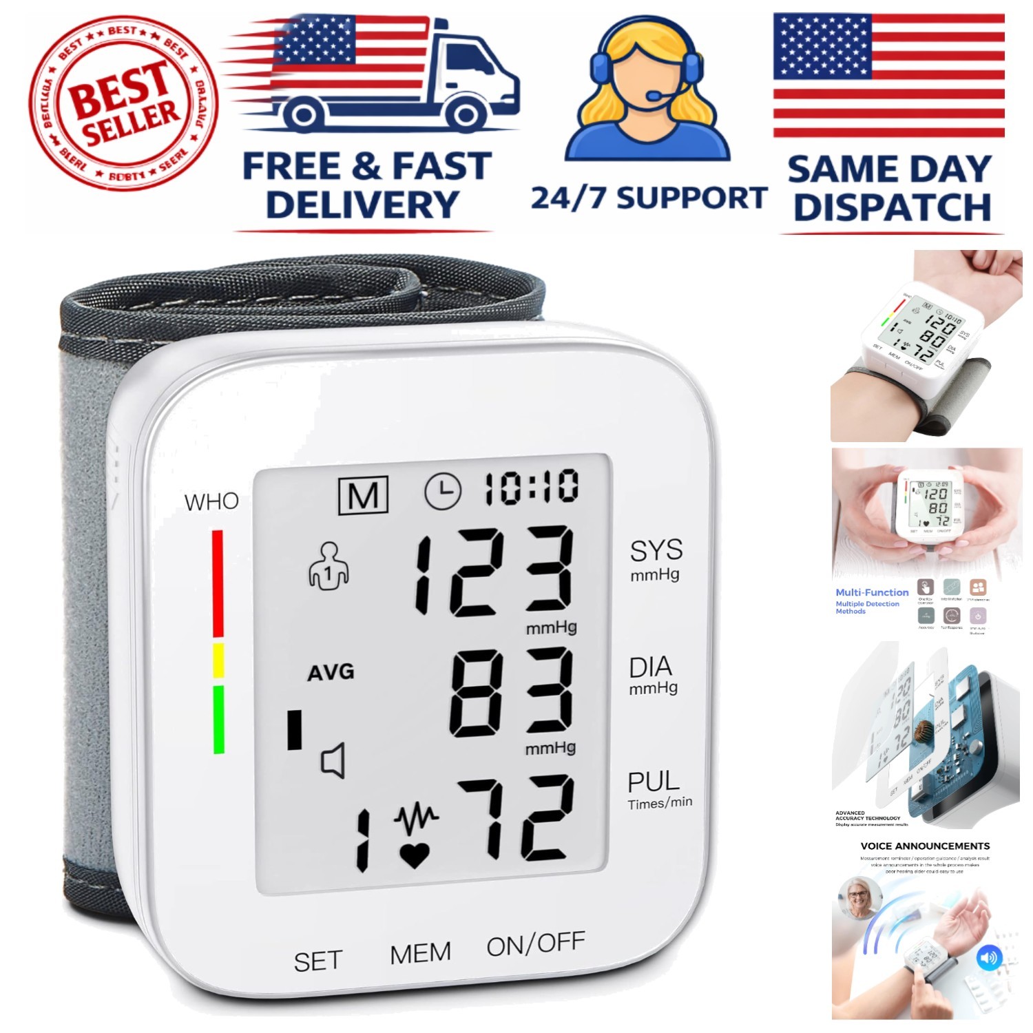 Automatic Wrist Blood Pressure Monitor - Adjustable Cuff & Carrying Case