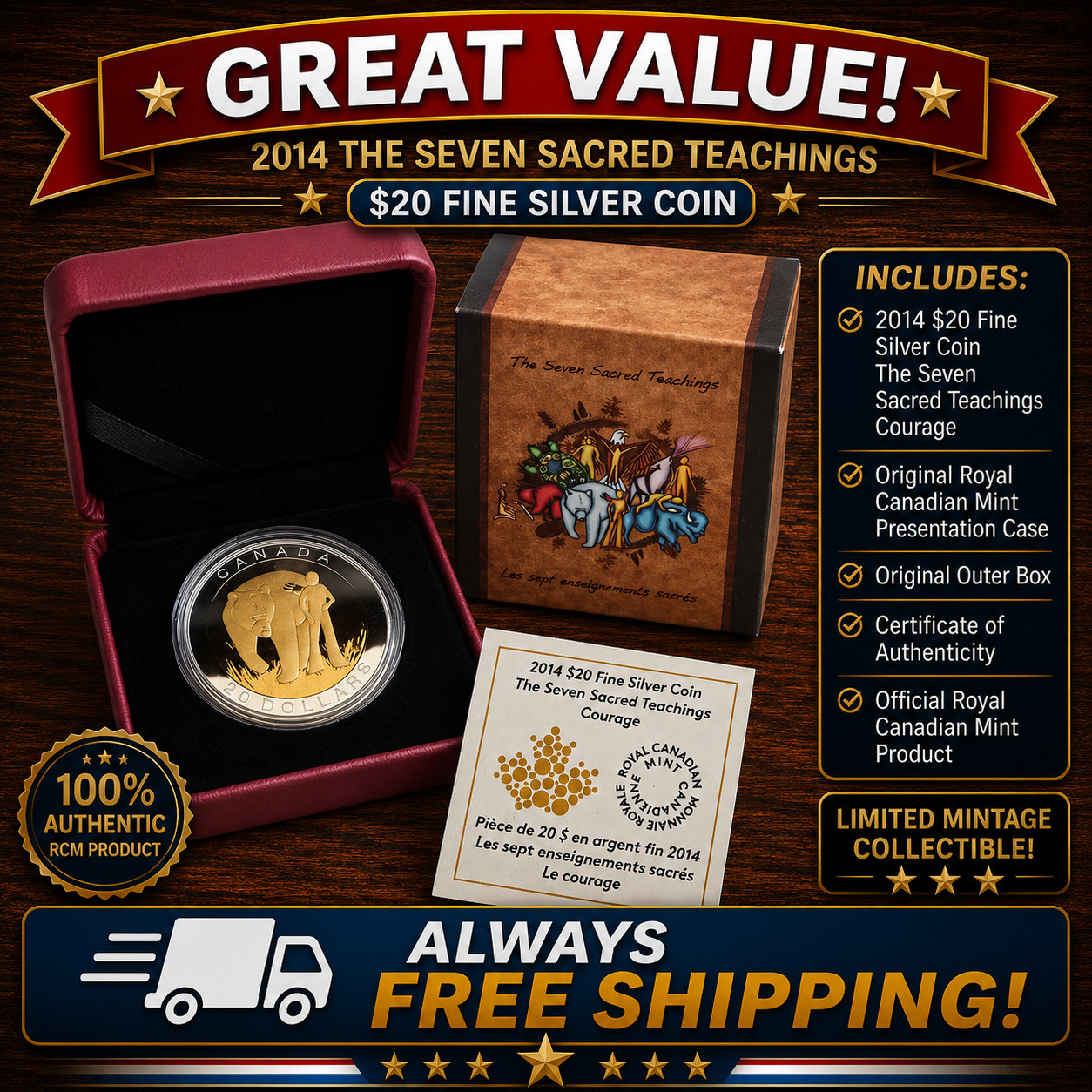 2014 Canada $20 Seven Sacred Teachings: Courage  Silver Coin RCM Box COA FS