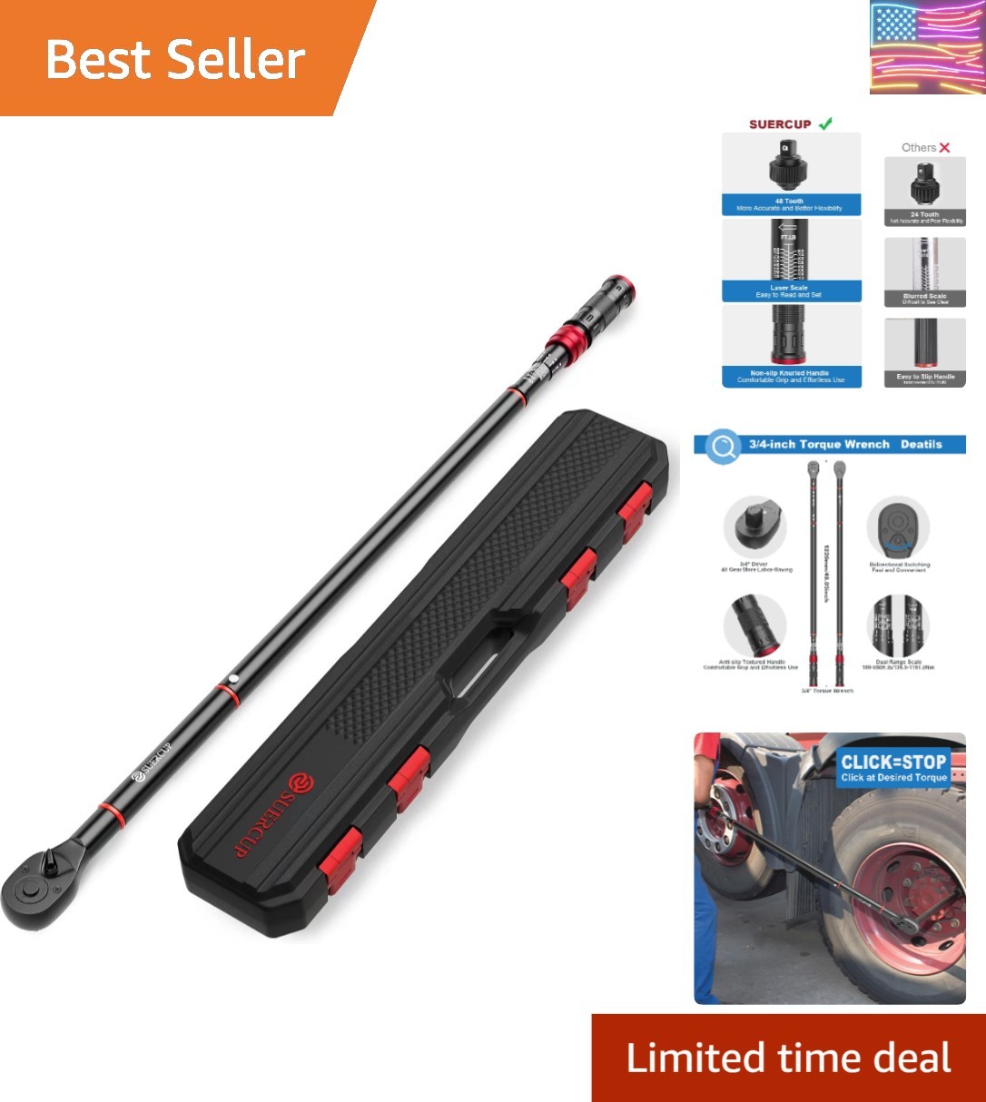 3/4-inch Drive Click Torque Wrench, 100-850ft.lb/135.5-1151.8Nm Adjustable 48...