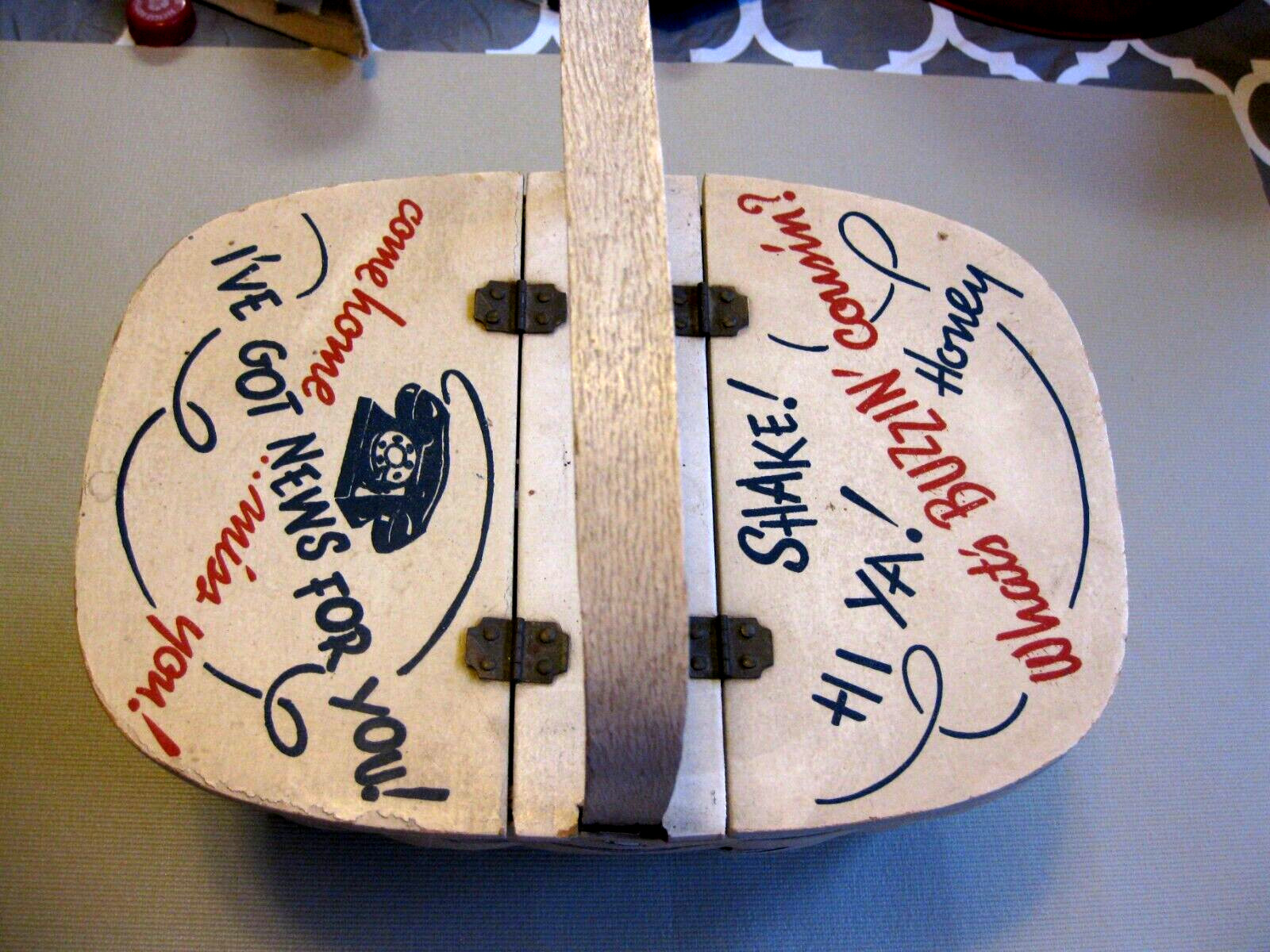 RARE HANDPAINT WOOD BASKET HINGE FLAPS PURSE WHAT'S BUZZIN COUSIN? - TELEPHONE