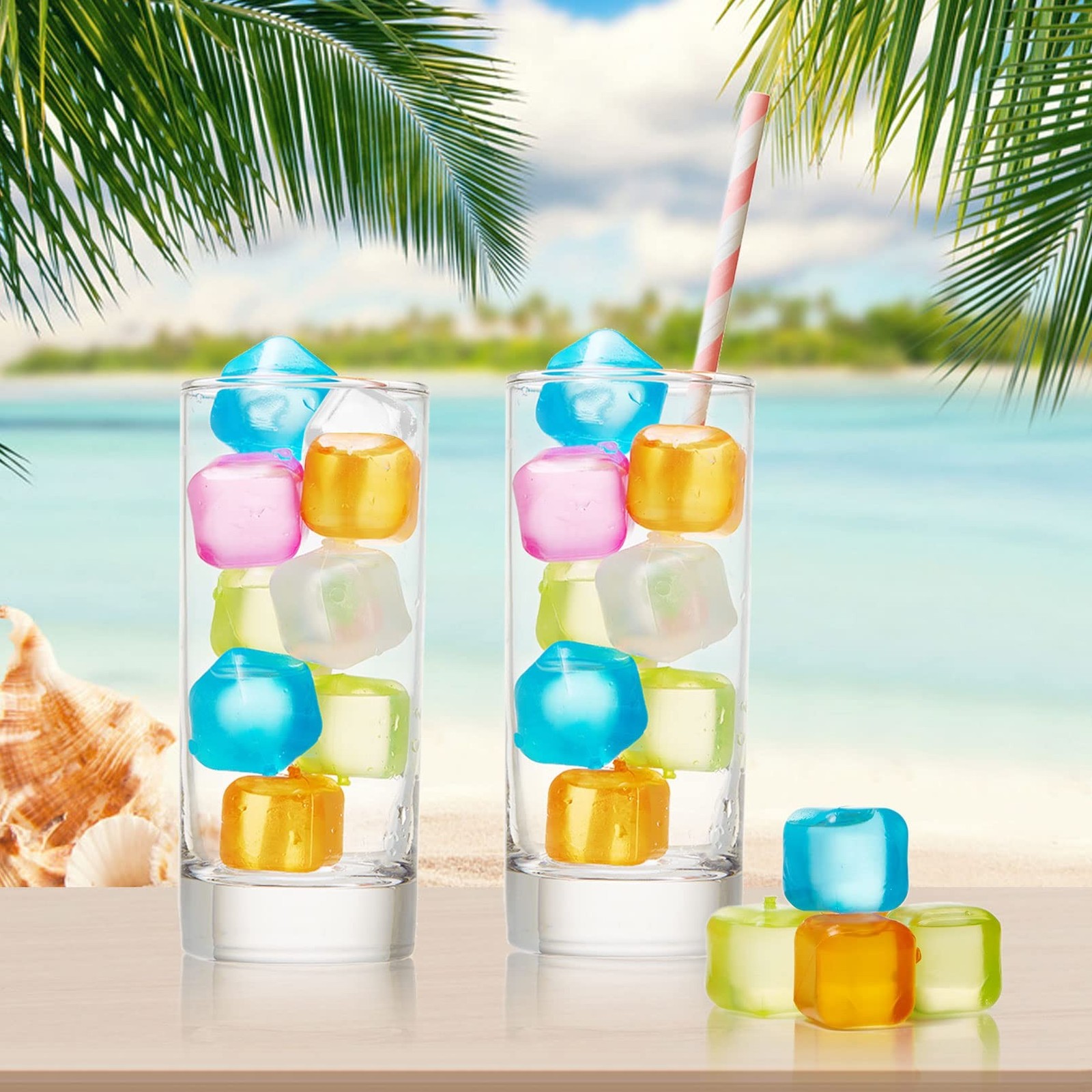 60Pcs Reusable Ice Cubes - Colorful Plastic, Non-Diluting Square Cubes for Dr...