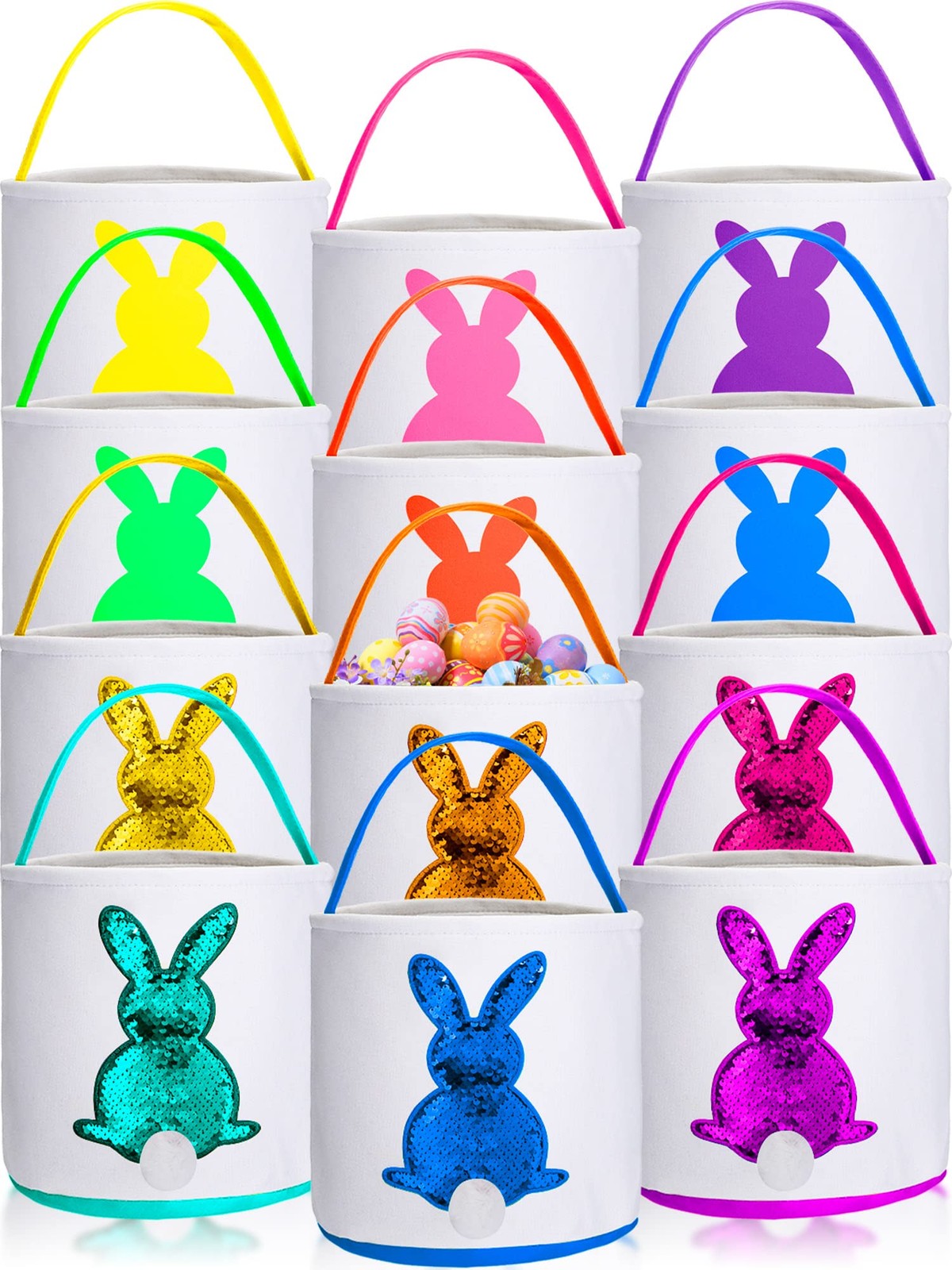 Easter Bunny Basket Bags Fluffy Tails Rabbit Bucket Tote Handle Multi 12 Pcs