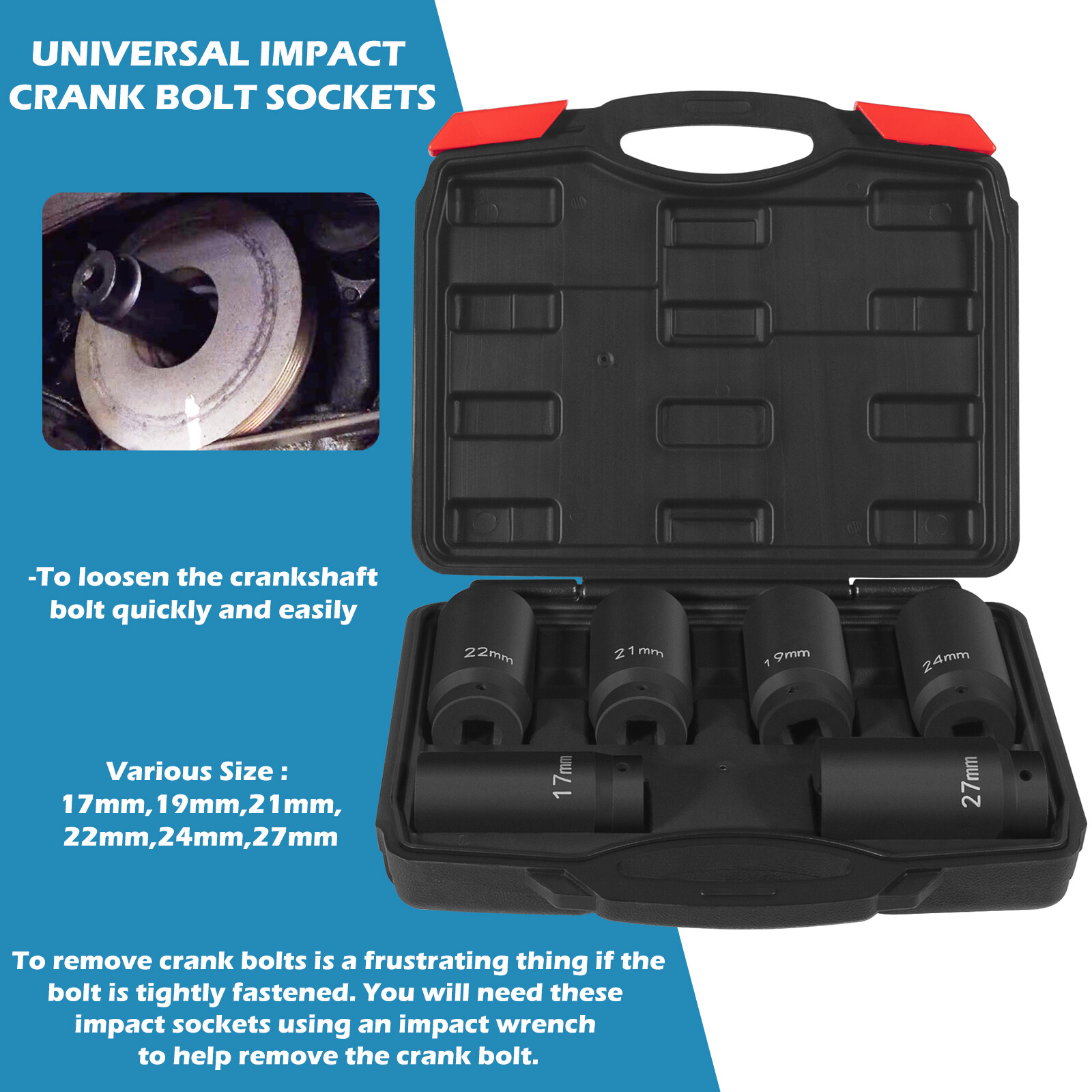 6 Pack Crank Bolt Socket Set 17/19/21/22/24/27mm Harmonic Balancer Impact Socket