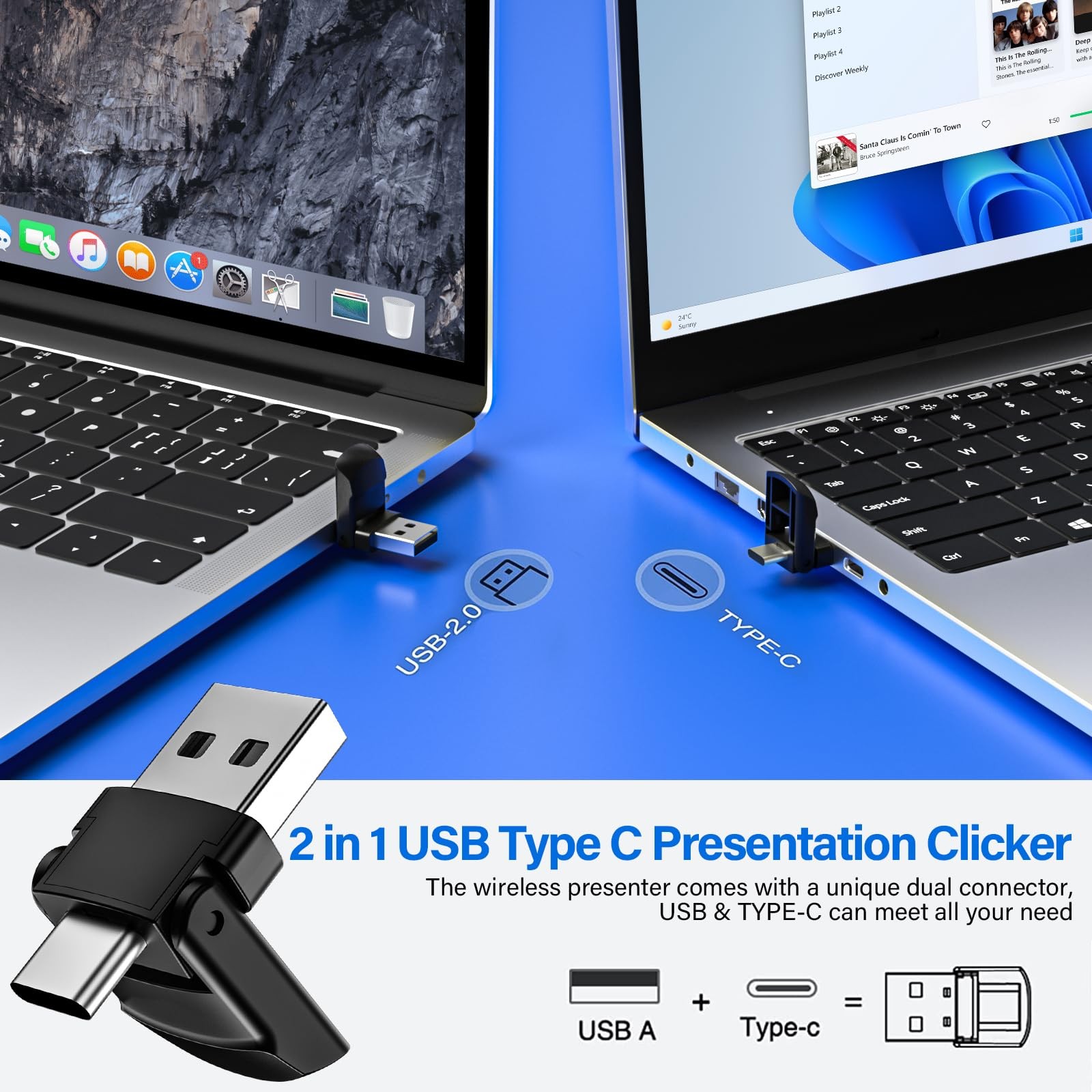 2-in-1 USB Type C Presentation Clicker, Wireless F10, A-black