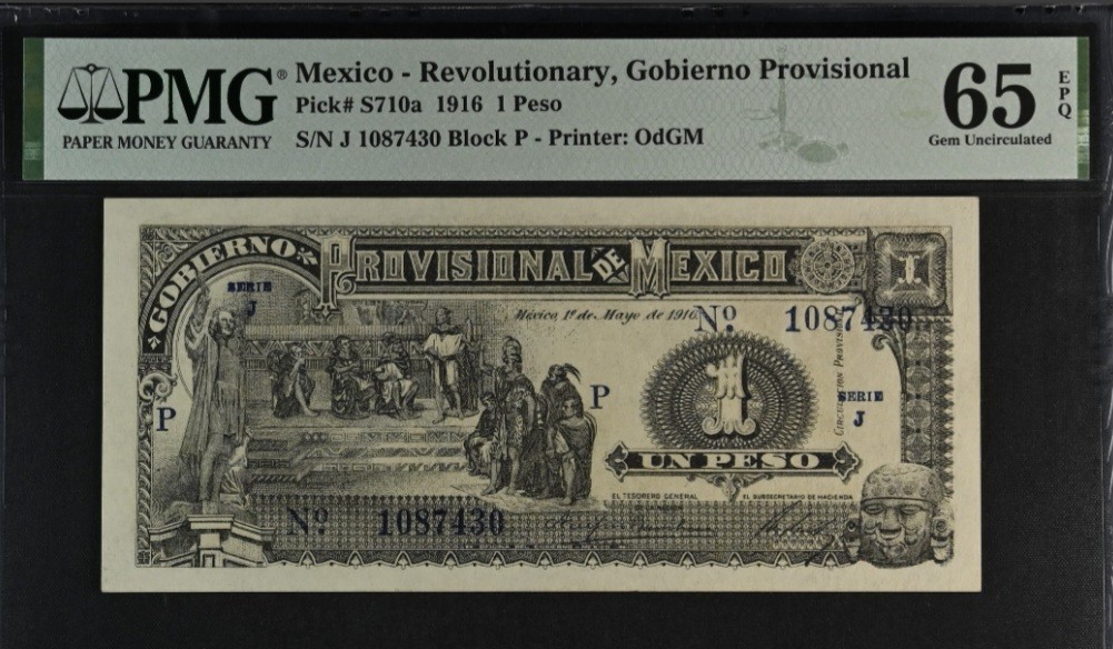 Mexico  Peso 1916  P# S710a  M1263a  PMG UNC-65  "TOP POP"  GOBIERNO PROVISIONAL