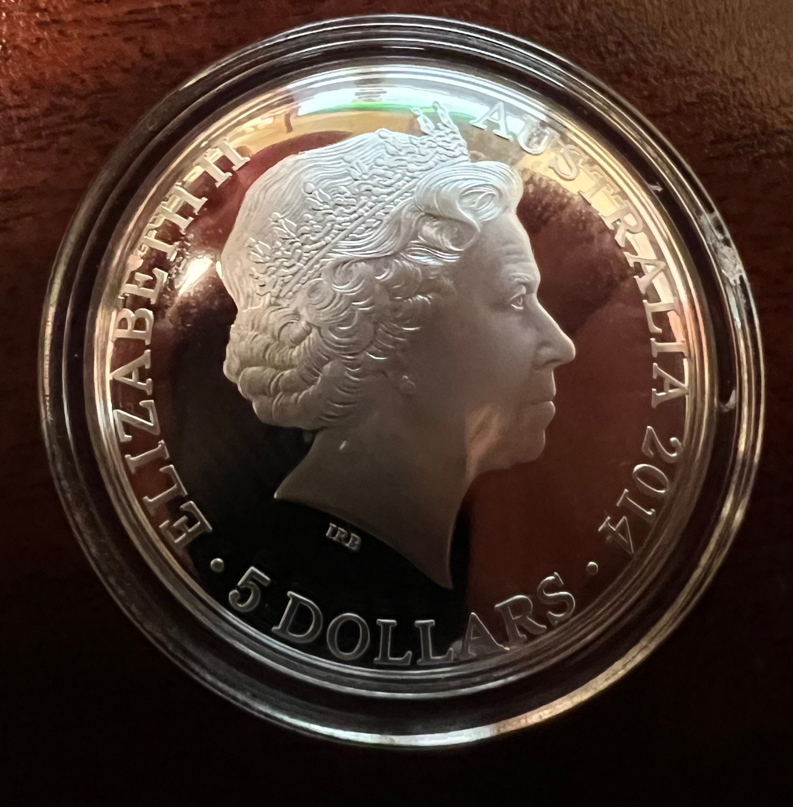 2014 $5.00 PROOF 1 OZ SILVER COLOUR PRINTED DOMED COIN WITH COA.AUSTRALIAN MINT.