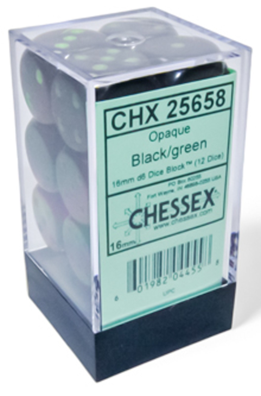 Chessex 12 dice set Opaque Black with Green pips New die d6 16mm CHX25658 game