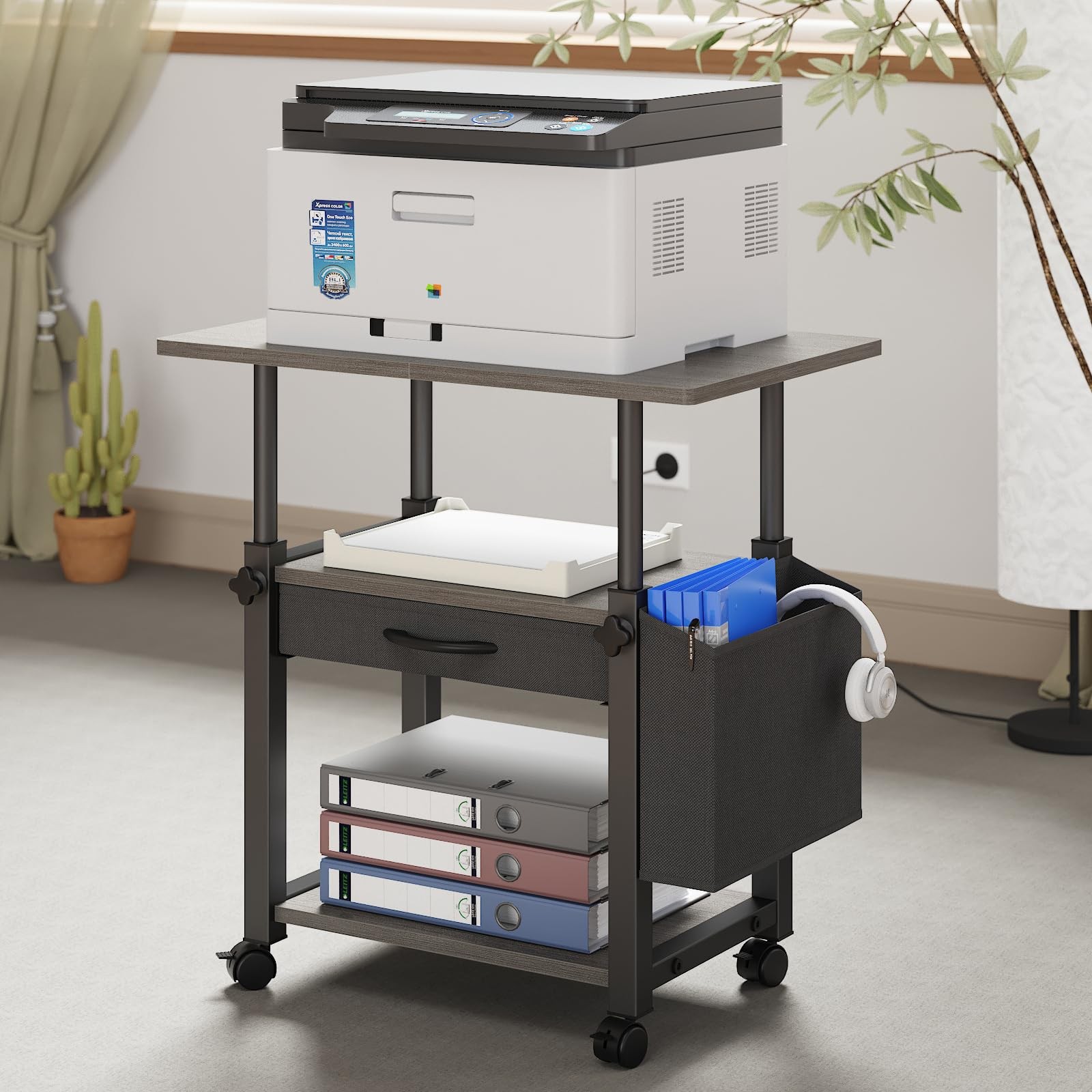 22"x15" Large Printer Stand with Drawer and-side Bag, Adjustable 3-Tier Print...