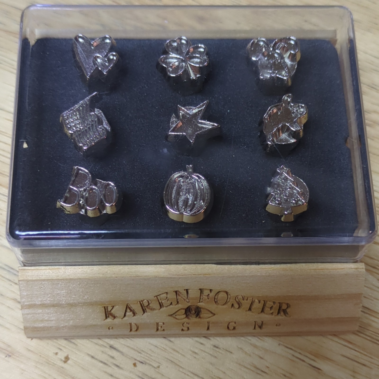 Karen Foster Holiday Design Stamping Set with 9  Embossing Tips on Wooden Base