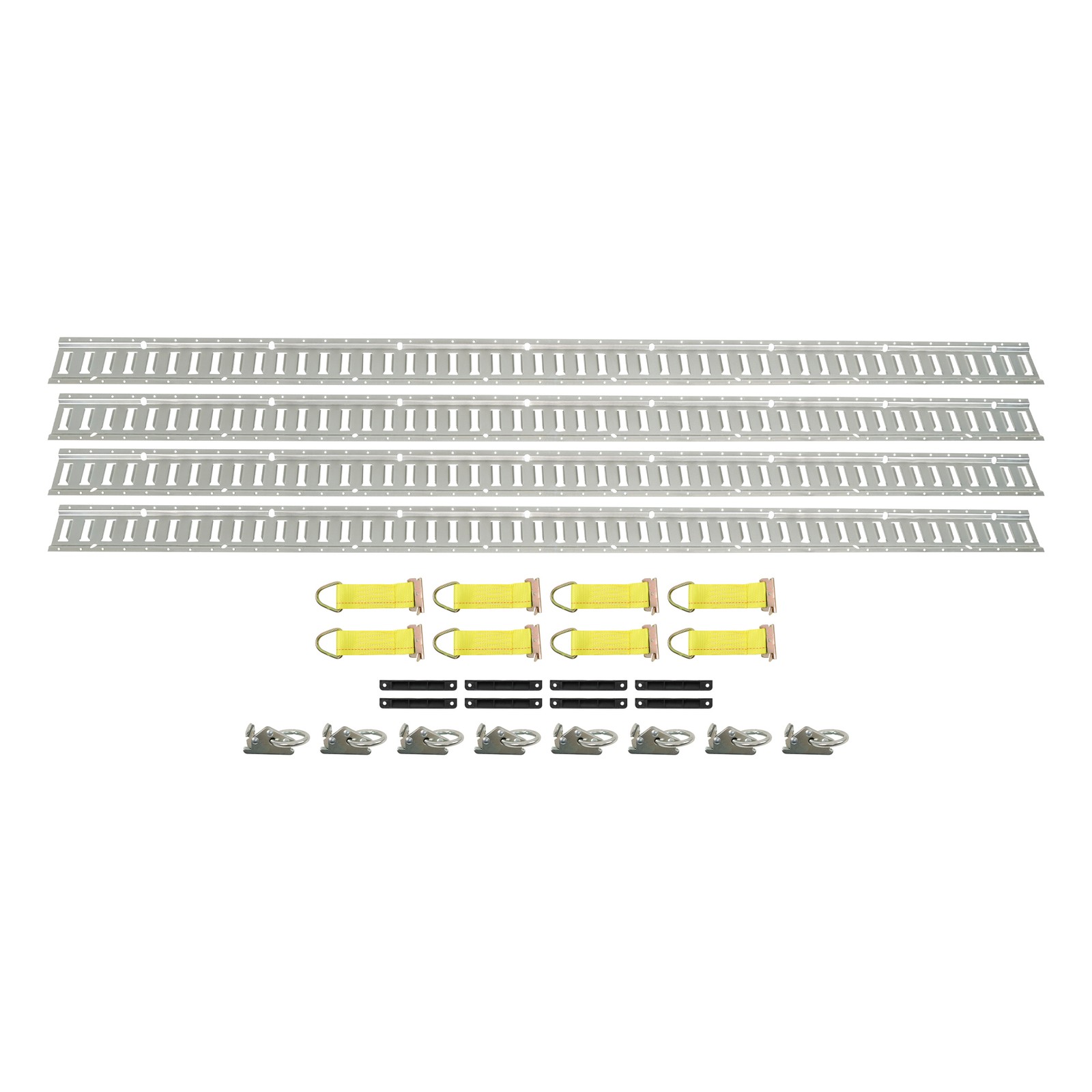 Black New E Track Tie Down Rail Kit  4×8' E Track Rails 8× O-Rings  8× D-Rings
