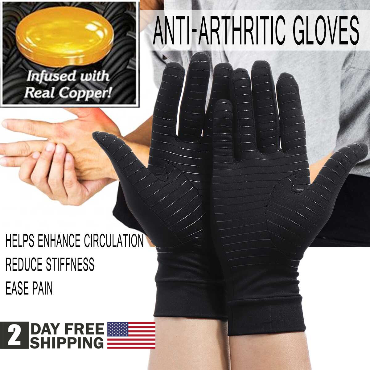 Full-Finger Copper Compression Arthritis Gloves Rheumatoid Joint Pain Relief USA