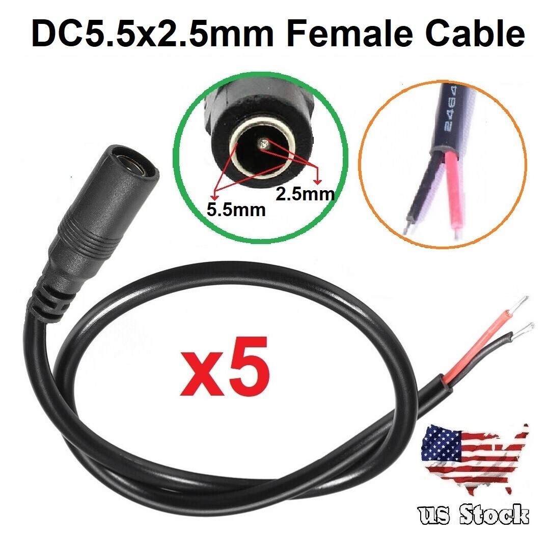 5pcs DC Power Plug cable 5.5x2.5 mm Female Led light Monitor power output cable