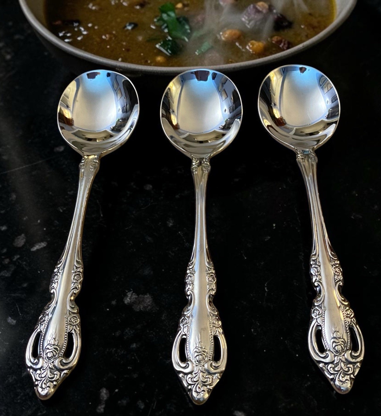 3 Oneida Community Brahms Stainless 6 7/8” Round Gumbo Soup Spoon Flatware