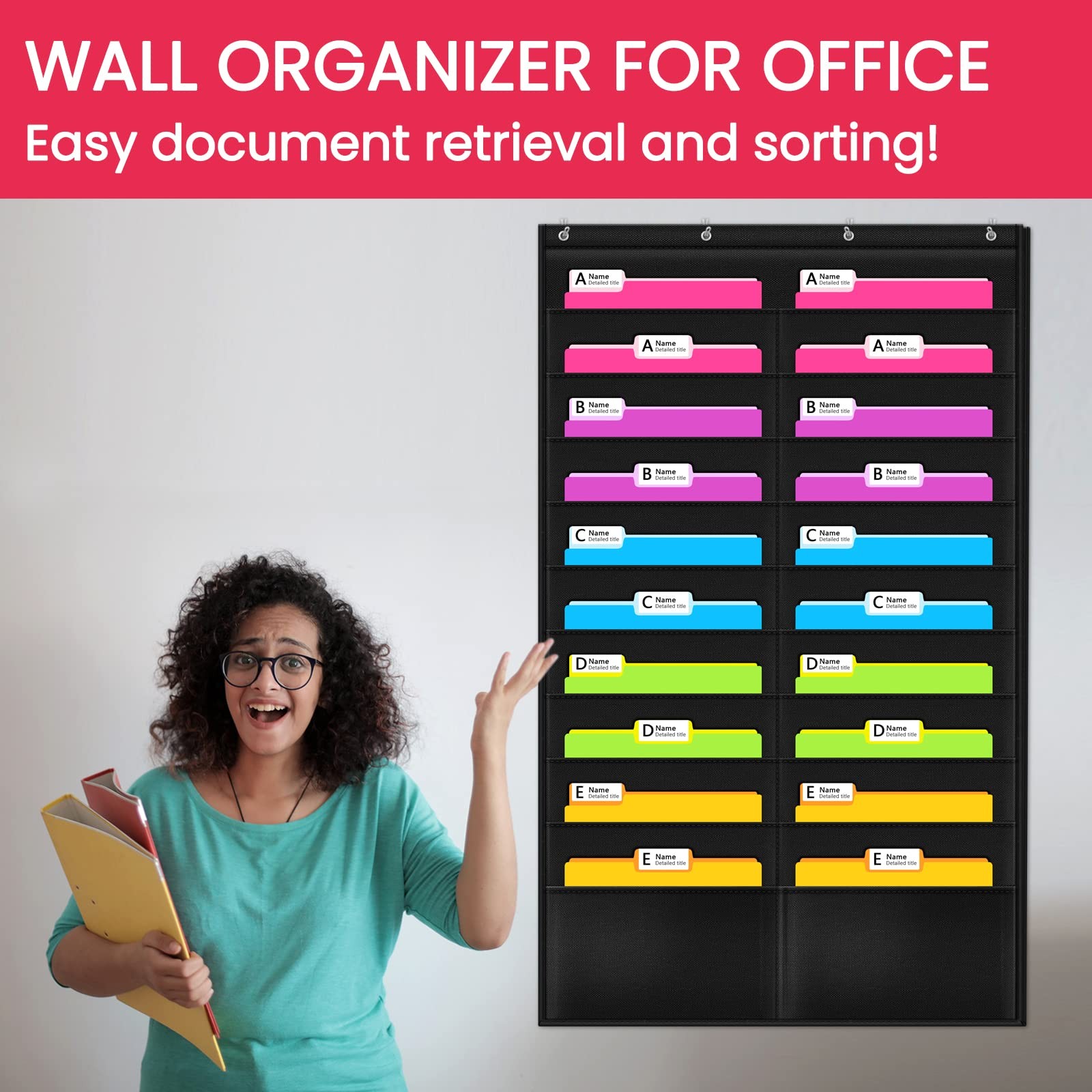 Godery Folder Pocket Chart (Black), Cascading Wall Organizer 20 Pocket, Black