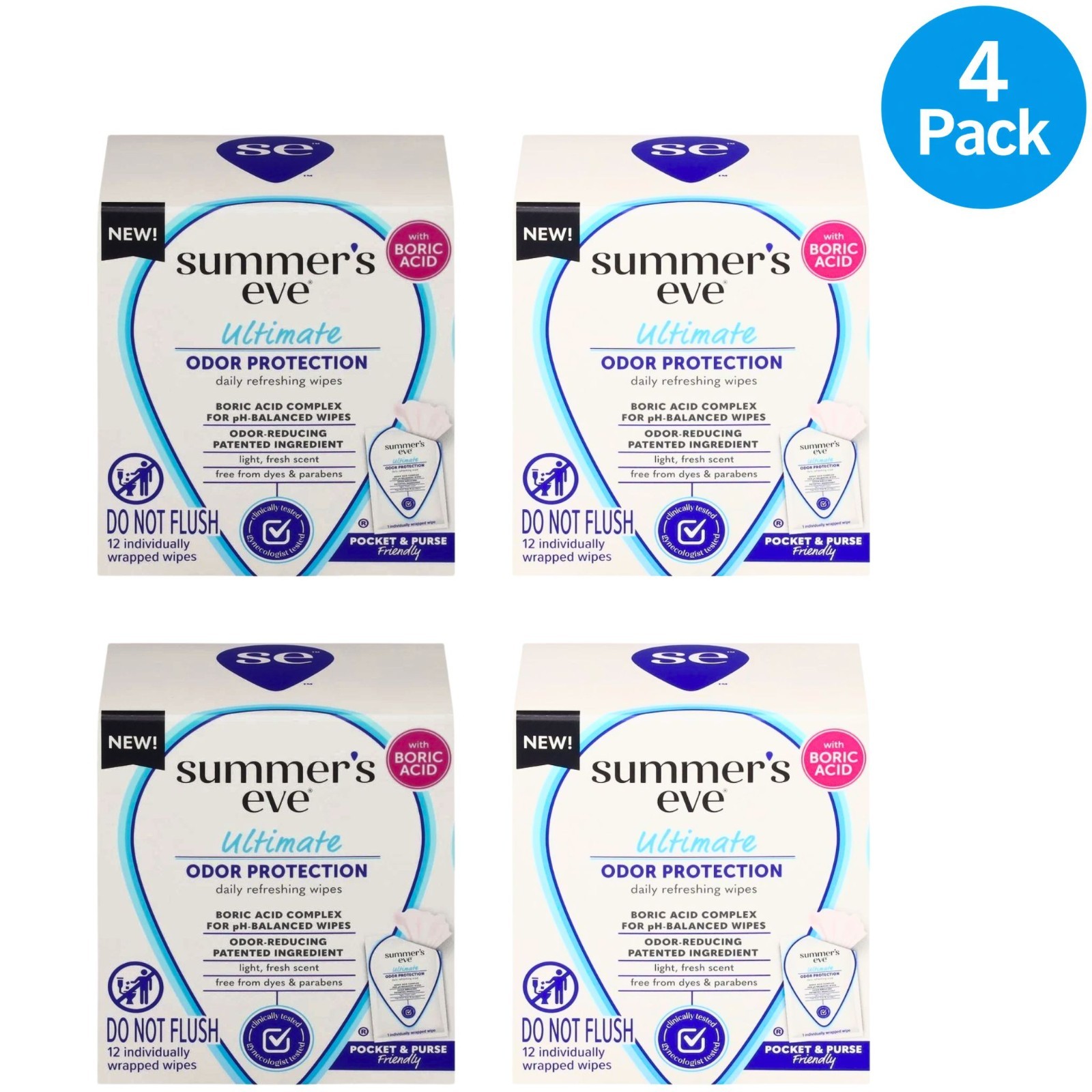 Summer's Eve Ultimate Odor Protection Wipes with Boric Acid 4 Pack Bundle