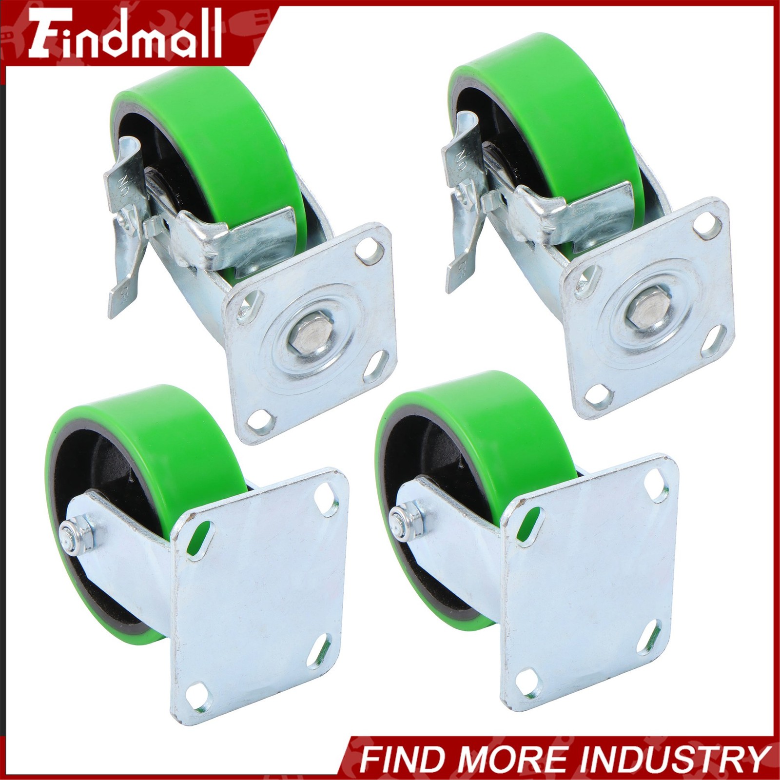Findmall 4 Pack Green 5" × 2" Swivel Caster Wheels 2 Rigid And 2 Brake 4000Lbs