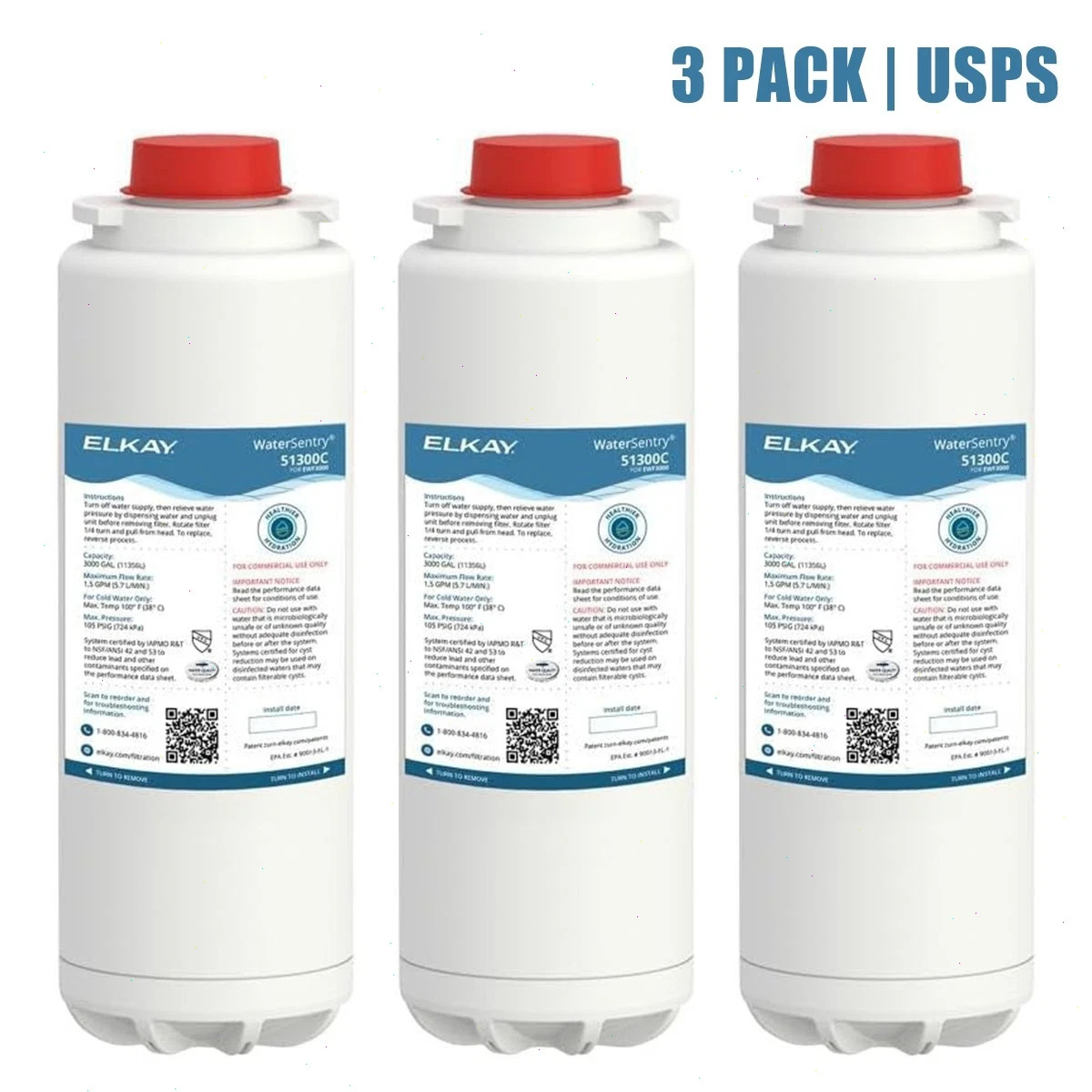 3 pack Fit For Elkay 51300C WaterSentry Plus Replacement Water Filter(NO CHIP)