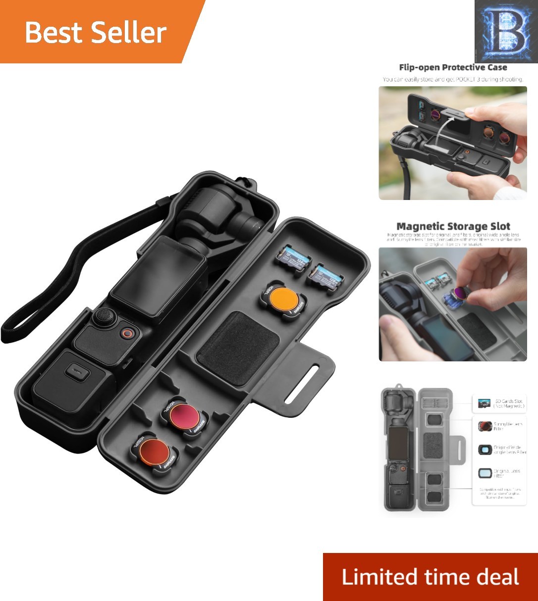Travel Waterproof Case for DJI Osmo Pocket 3 with 5 Compartments & Wrist Strap