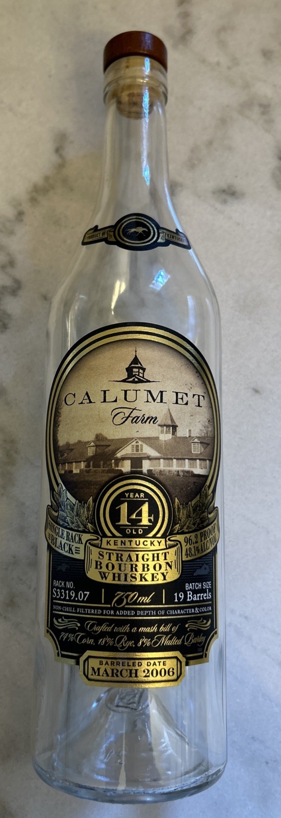 High End Calumet Farm 14 Year Old Single Rack Black Bourbon Whiskey Empty Bottle