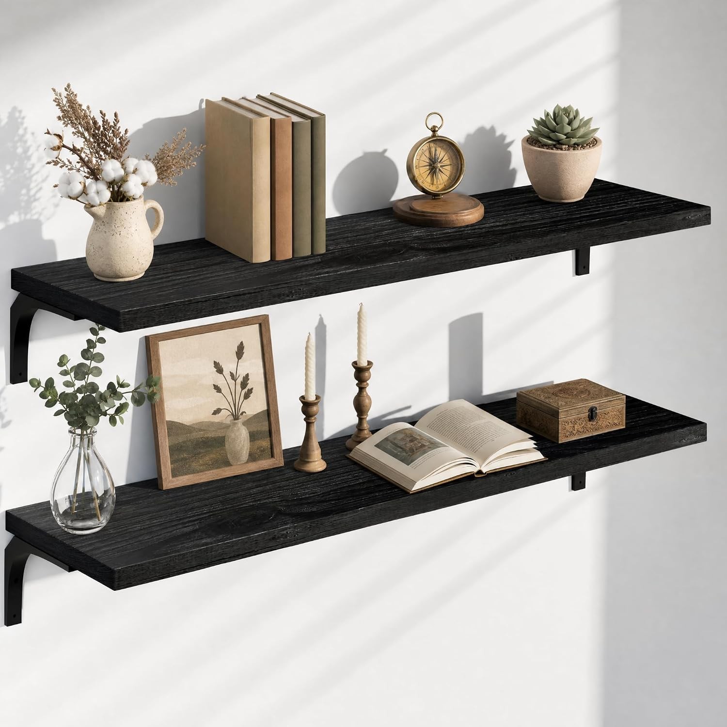 12 Inch Deep Floating Shelves Set of 2, 48 Inch Wide Black Solid Wood Wall