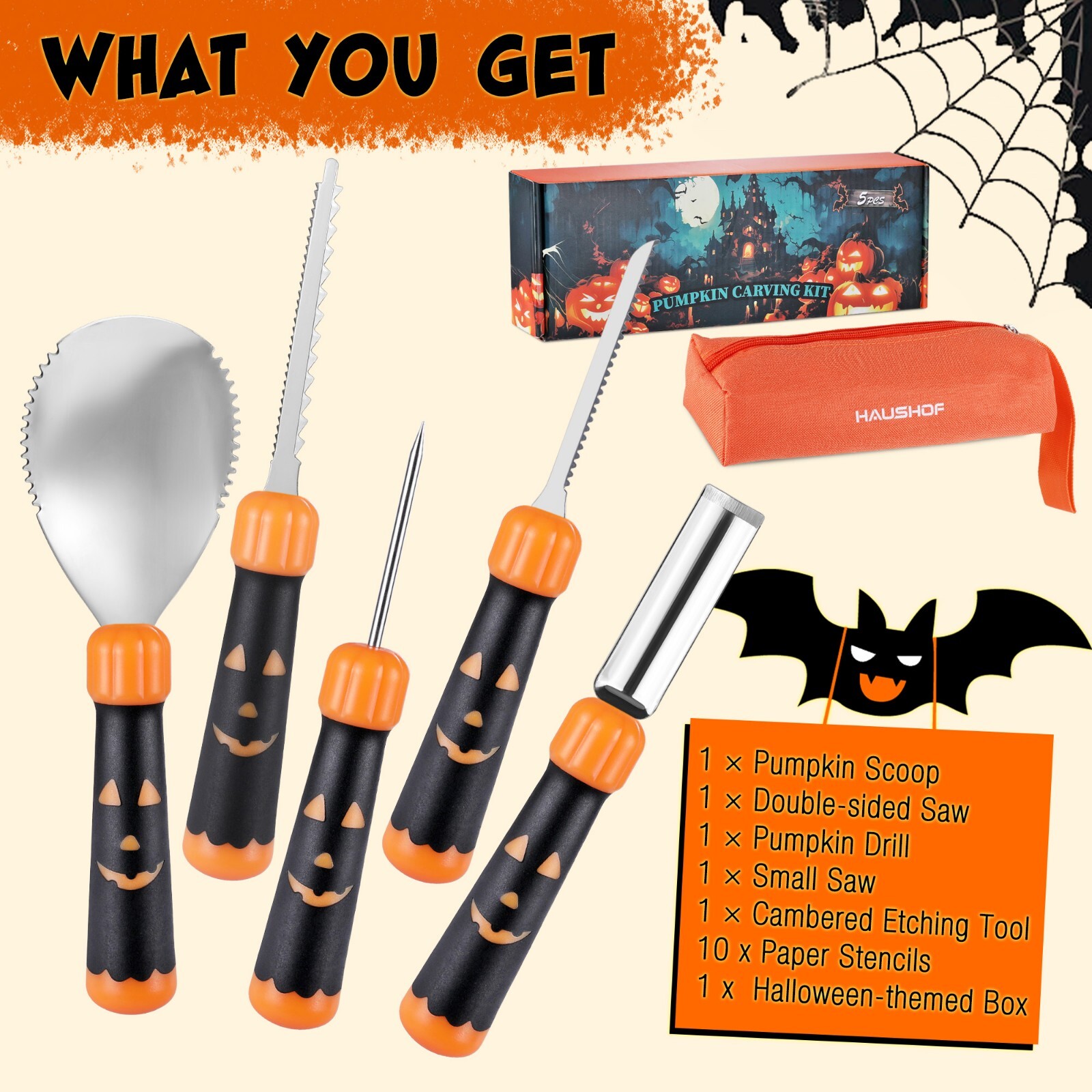 5PCS Halloween Pumpkin Carving Kit Professional Knives Set with Case