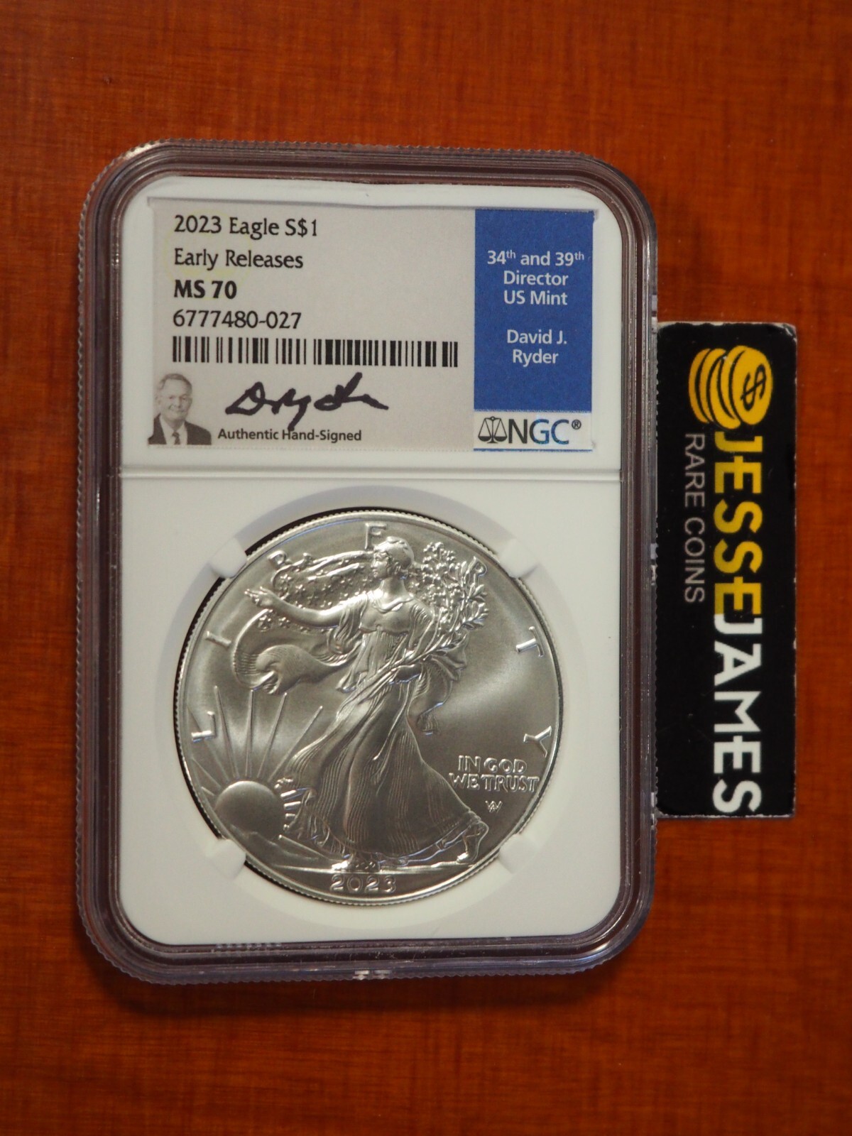 2023 $1 SILVER EAGLE NGC MS70 EARLY RELEASES DAVID RYDER HAND SIGNED BLUE LABEL