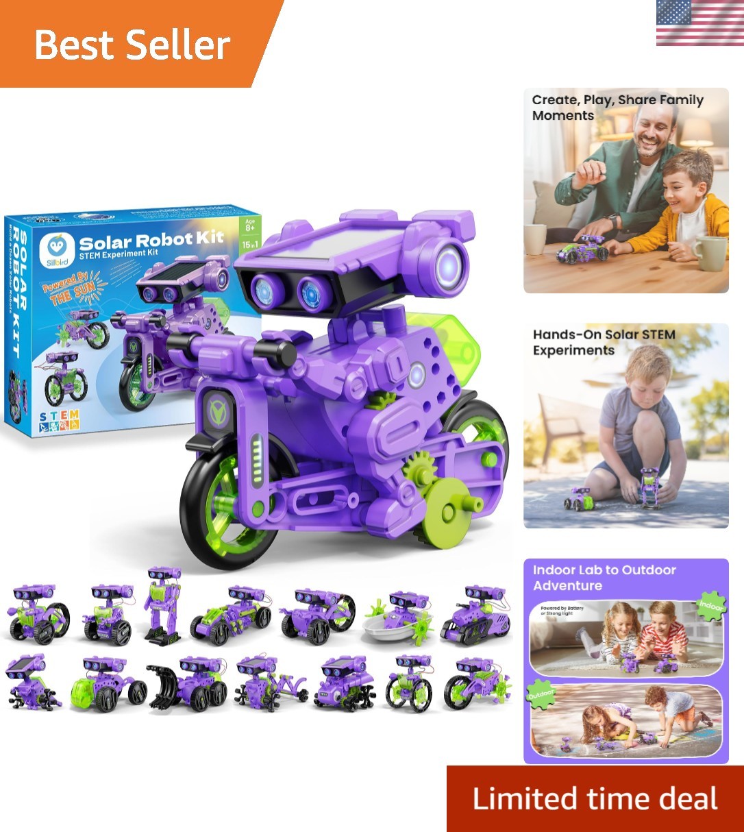 Solar Building Robotics Kit - Fun 15-in-1 Educational Project for Kids Ages 8-12