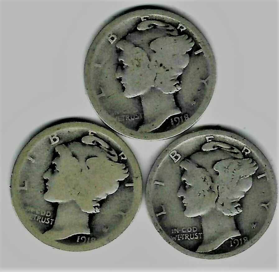 1918 P D S  set of Three Mercury Dimes 90 % Silver PDS AG to Good G