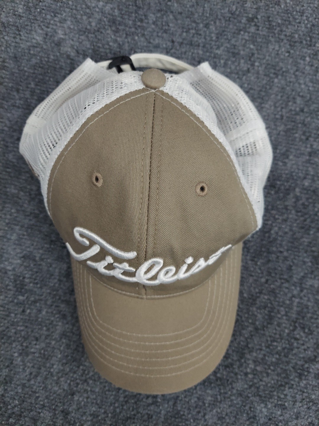 Titleist FJ Golf Hat Cap Strap Back Brown White Mesh Trucker Script Embroidery