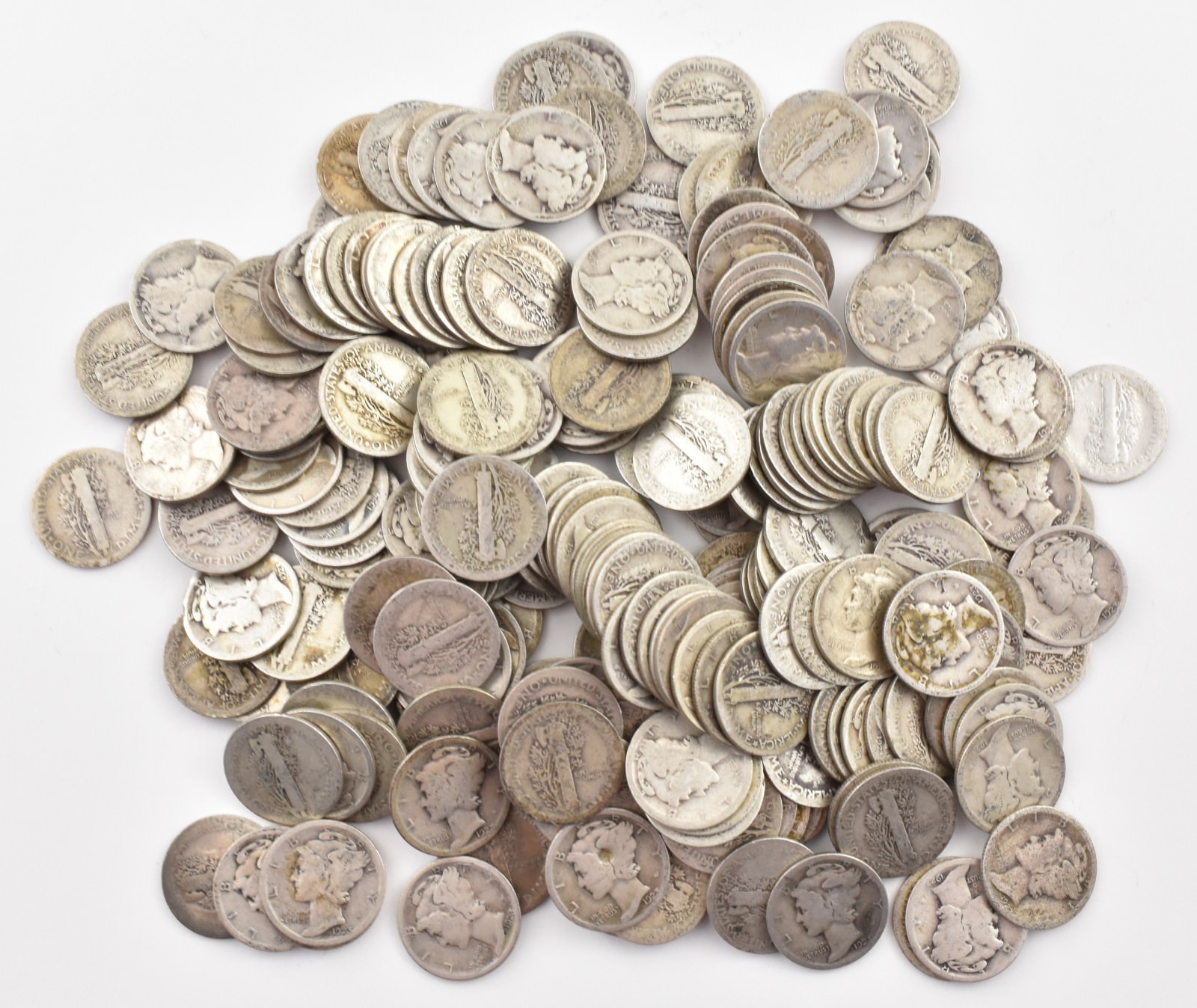 1923-S Mercury 90% Silver Dime Roll Lot of 50 PCS $5 Face