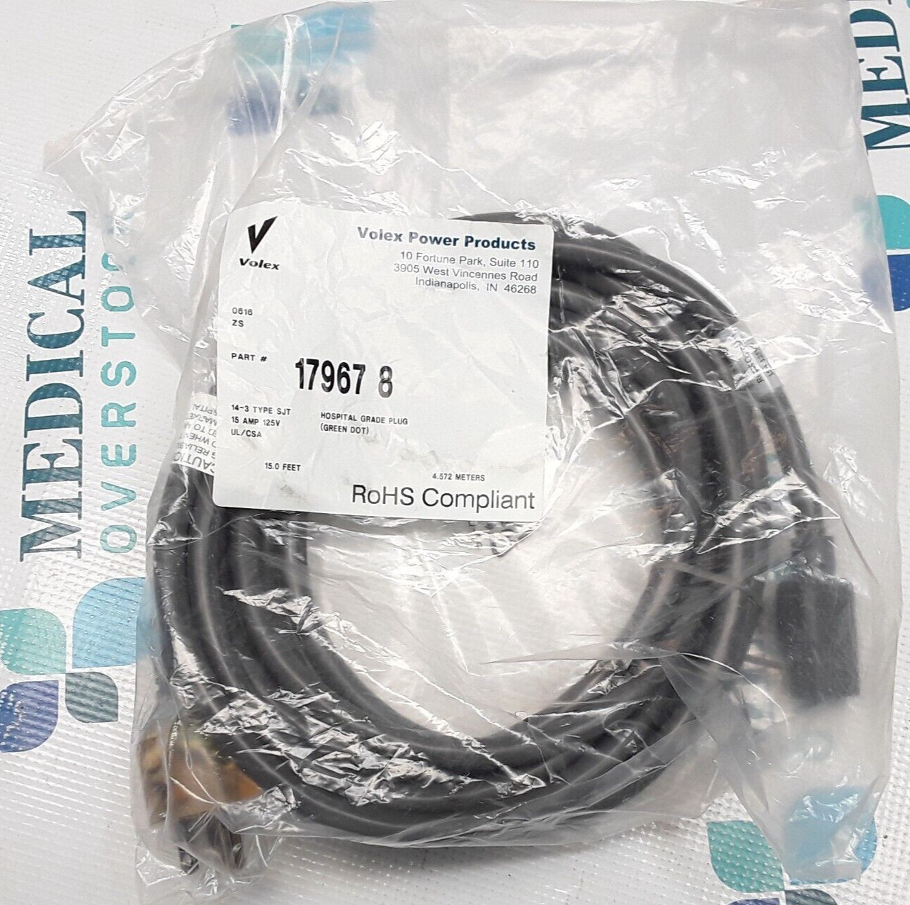 17967 8 - VOLEX E62405 HOSPITAL GRADE PLUG - GREEN DOT - 15FT 15 AMP 125V - NEW