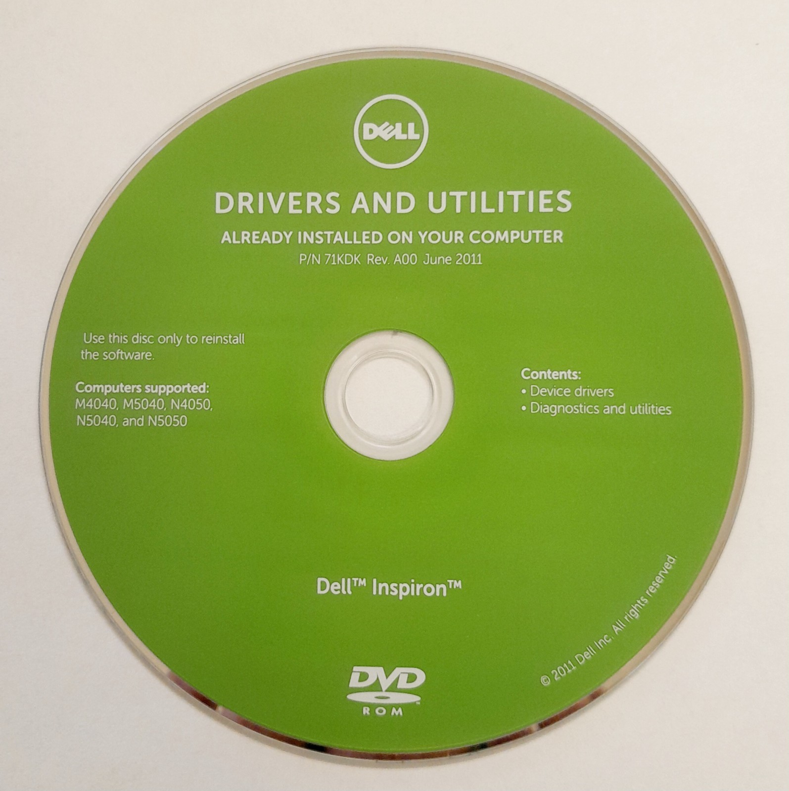Dell Inspiron Drivers & Utilities DVD ROM P/N 71KDK Rev A00 June 2011 OEM Disc