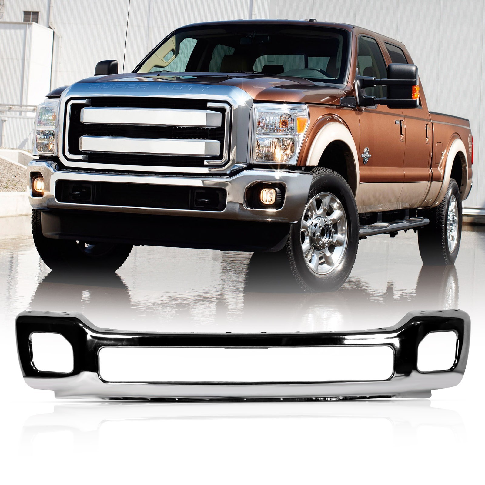 Chrome Front Bumper For 2011-2016 Ford F-250 F-350 Super Duty W/Fog Holes