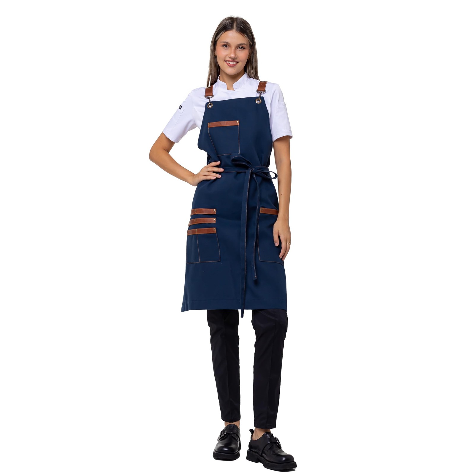 Unisex Western Bib Apron with Leather Straps One Size Blue