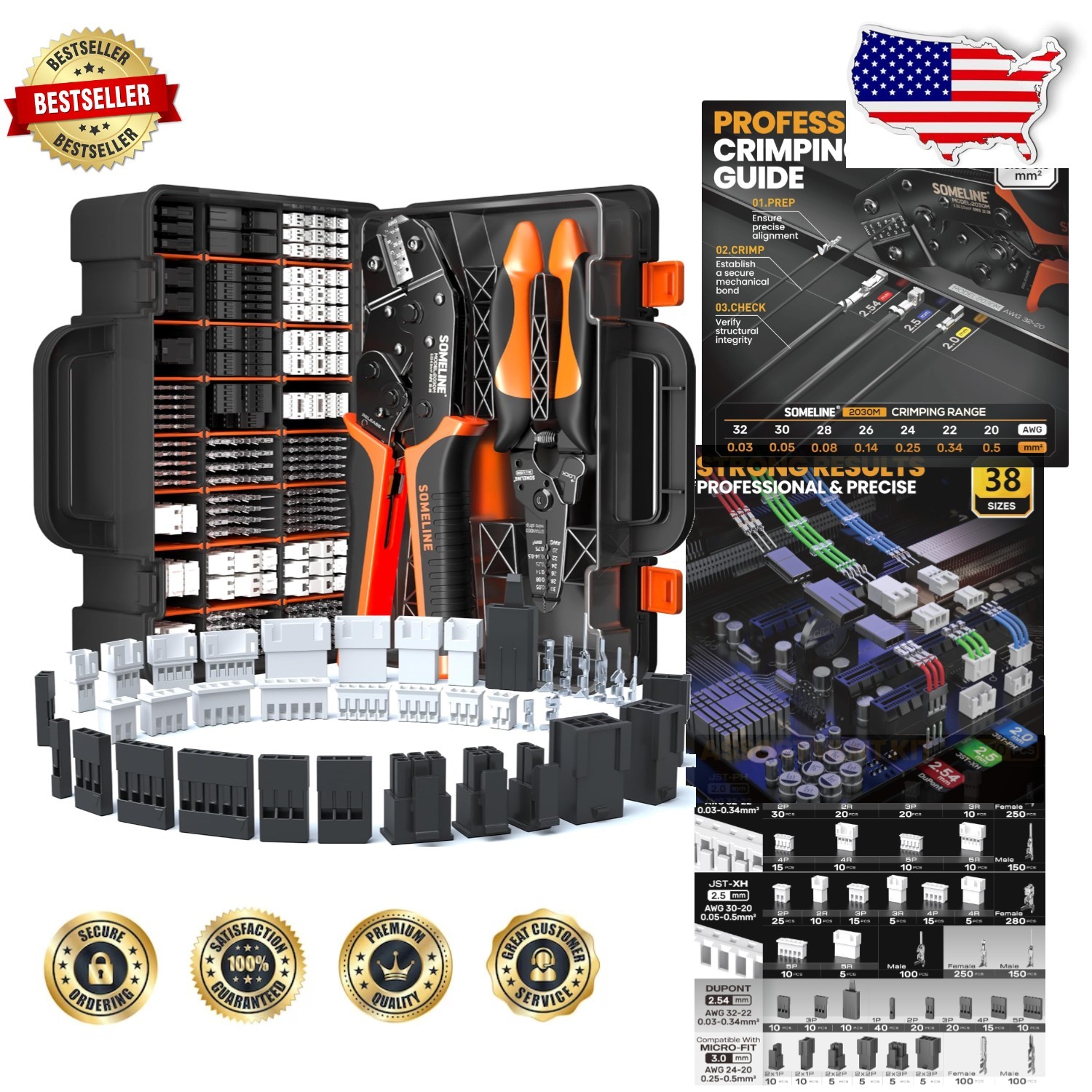 Pro Crimp Tool Set: 38 Types 2.0-3.0mm JST XH PH Dupont, Ratcheting Crimper