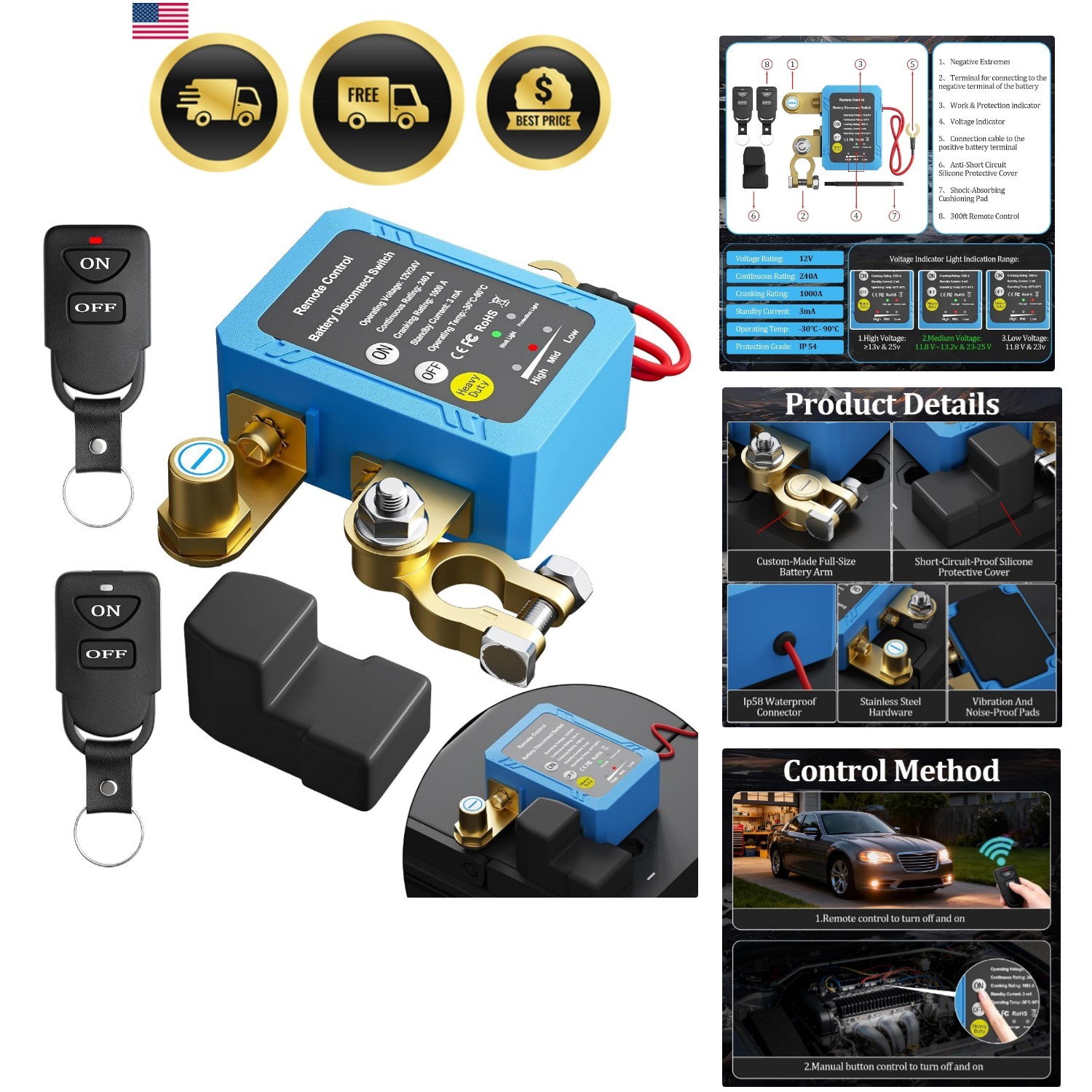 Remote Battery Disconnect Switch 12V, 240A, Kill Switch for Car Prevent Batte...